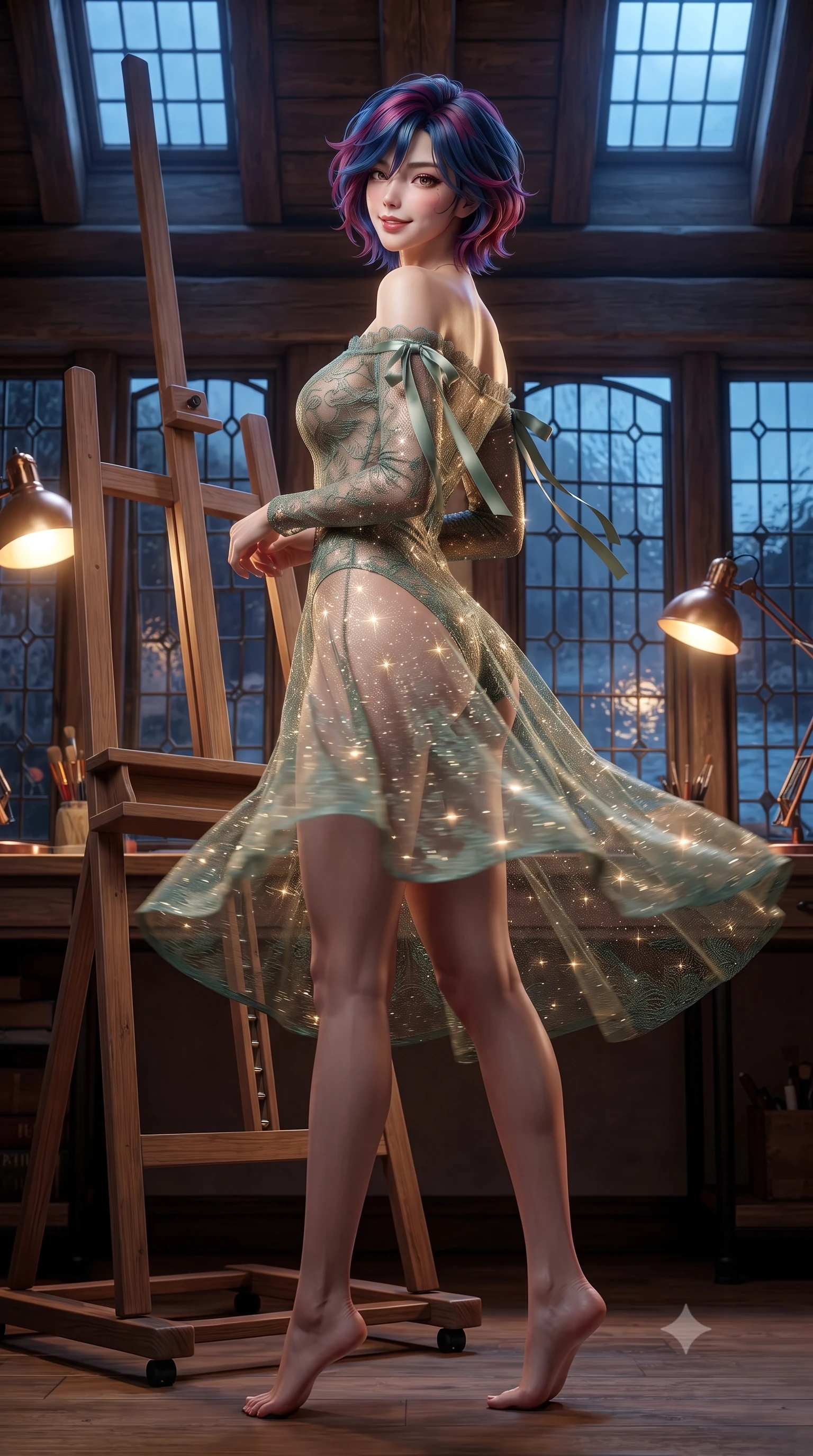 score_9, masterpiece, best quality, ultra-detailed, high-budget anime keyframe, editorial fashion photography, tasteful artistic composition, Korean woman. low angle full-body shot from head to toe showing her feet, filling the entire 9:16 vertical frame with her statuesque presence, stretching her vertical silhouette. executing a slow, graceful pivot turn as her skirt sways around her slender legs, glancing back with an enchanting, teasing sensual expression while twisting her slender torso in an alluring contrapposto stance beside the artist's easel, warm copper lamp light caressing her dewy skin and flat midriff. The surrounding environment is rendered in vivid detail and crisp panoramic clarity: sharp hand-hewn oak timber beam joinery, antique leaded window glass ripples, and harbor water reflection clarity in deep focus. She has an exceptionally tall and slender model-like 8.5-heads proportion, an ultra-slim waist, a flat toned midriff, narrow delicate ribcage, and beautifully sculpted feminine hips creating a graceful, slim hourglass silhouette without any bulky heaviness, with impossibly long slender legs. sharp v-shaped jawline, high-bridge nose, intricate jewel-like sparkling eyes with depth, thick eyelashes, glossy parted lips with a natural peach sheen, bright cheerful beaming smile with an enchanting and coquettish sensual glint, exuding both youthful cute charm and seductive allure, flawlessly proportioned anatomical accuracy, strict slender model proportions, natural body alignment, perfectly sculpted long slender limbs, ultra-slim waistline, clean dynamic posture without body distortion. wearing an off-the-shoulder sheer-illusion lace bodysuit with strategic floral flocking and high-cut leg openings in Tulum jungle agave sage and copal resin gold, woven from stretch metallic lurex jersey casting radiant starlight glints across her curves, finished with satin ribbon ties at the shoulders fluttering in the gentle breeze, the precision-cut side openings and low-back scoop framing her graceful spine and the sensual sweep of her slim, toned hips. bathed in the warm intimate 2400K glow of brass desk lamps mixed with blue twilight pouring through dormer windows. ultra-reflective glossy finish, specular highlights, rich textural contrasts, high-contrast stereoscopic depth, volumetric dynamic lighting, 2k, ultra detail, master piece, 9:16 ratio
