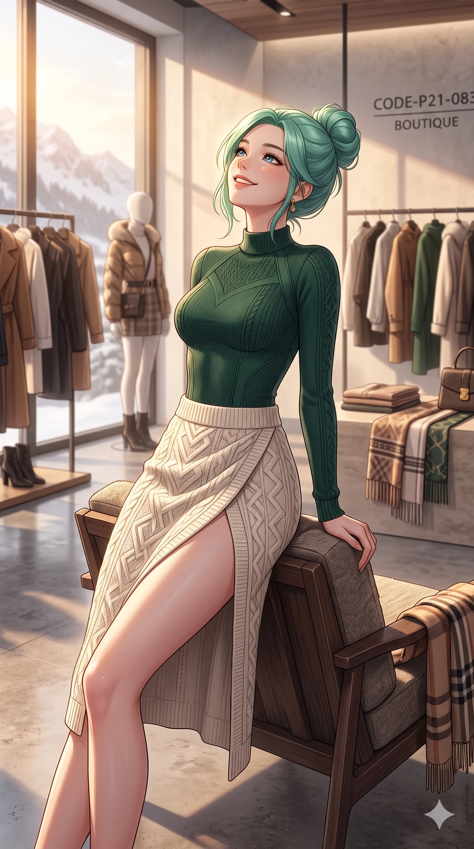 score_9, masterpiece, best quality, ultra-detailed, high-budget anime keyframe, vibrant anime aesthetic, Japanese woman. cowboy shot from the thighs up, character and outfit filling the frame for maximum presence. She is leaning back on a chalet chair with a delightful smile, looking up happily standing in a modern high-fashion boutique in the winter sun (Code-P21-083). She has an absolutely perfect 8-heads proportion, an exceptionally tall and slender female figure with impossibly long slender legs and an ultra-slim waist. V-shaped jawline, high-bridge nose, intricate jewel-like eyes with depth, thick eyelashes, glossy lips with a natural sheen. wearing a bodycon leotard with a high-slit wrap skirt in winter active-knit. She is bathed in soft, radiant golden hour sun casting long, elegant shadows around her. 2k, ultra detail, master piece, 9:16 ratio