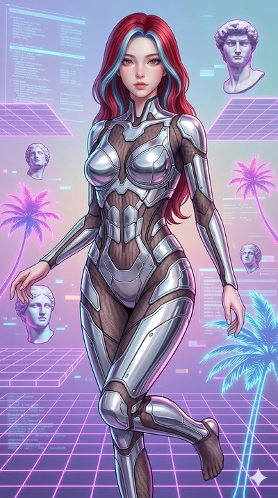 score_9, masterpiece, best quality, ultra-detailed, high-budget anime keyframe, Korean woman. upper body close-up from the thighs up, character filling the screen for maximum presence. drifting through a holographic vaporwave oasis with floating grid
