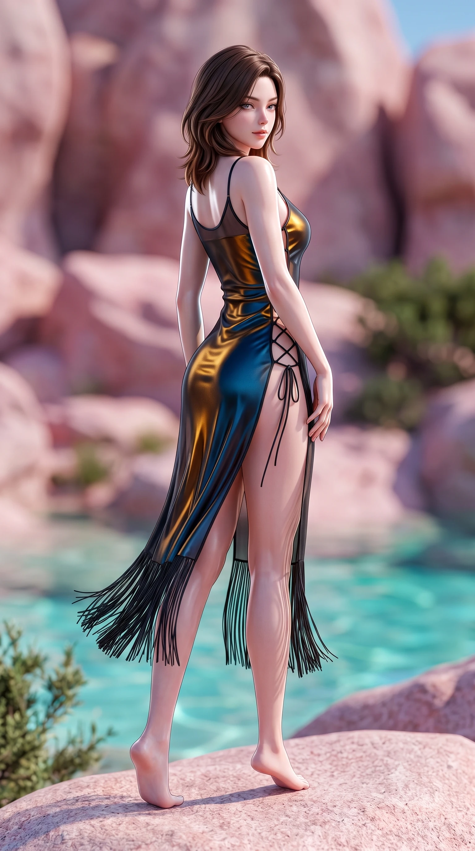 score_9, masterpiece, best quality, ultra-detailed, high-budget anime keyframe, semi-realistic 3D game render, editorial fashion photography, tasteful artistic composition, Korean woman. low angle full-body shot from head to toe showing her feet, filling the entire 9:16 vertical frame with her statuesque presence, stretching her vertical silhouette. executing a slow, graceful pivot turn as her skirt sways around her slender legs, glancing back with an enchanting, teasing sensual expression while standing on the smooth wind-sculpted pink granite boulder, arching her spine with breathtaking statuesque presence against emerald water. The background shows a soft-focus surreal wind-carved granite rock formations, gin-clear turquoise lagoon, and wild juniper bushes blurred into rose-quartz, emerald, and azure bokeh. She has an absolutely perfect, statuesque 8.5-heads proportion, an exceptionally tall and slender model-like female figure with impossibly long slender legs, an ultra-slim waist, a flat toned midriff, narrow delicate ribcage, and beautifully sculpted feminine hips creating a graceful, slim hourglass silhouette without any bulky heaviness. sharp v-shaped jawline, high-bridge nose, sparkling eyes with hypnotic seductive depth, thick curled eyelashes, glossy parted lips with a natural dewy peach sheen, alluring bedroom-eyes with an enchanting coquettish smile, exuding magnetic siren charisma and sophisticated glamour, flawlessly proportioned anatomical accuracy, strict slender model proportions, natural body alignment, perfectly sculpted long slender limbs, ultra-slim waistline, clean dynamic posture without body distortion. wearing a sheer black gauze fringe slip dress worn over a liquid satin undergarment, hugging her flat midriff and hips in molten liquid gold and deep ocean sapphire, tailored from second-skin technical compression neoprene with athletic curve-sculpting stretch, featuring fine criss-cross lace-up side ties revealing tantalizing glimpses of her hip curve, the liquid-tight tailored fabric clinging flawlessly to her narrow waist and rounded feminine hips, emphasizing every millimeter of her sculpted slim hourglass curves without any bulky heaviness. illuminated by lagoon water caustic bounce and sharp platinum rim lights defining her delicate clavicles, narrow waist, and curvy hips. highly saturated vibrant anime colors, detailed shading with soft gradients, rich glossy textures, high-contrast stereoscopic depth, volumetric dynamic lighting, master piece, 9:16 ratio