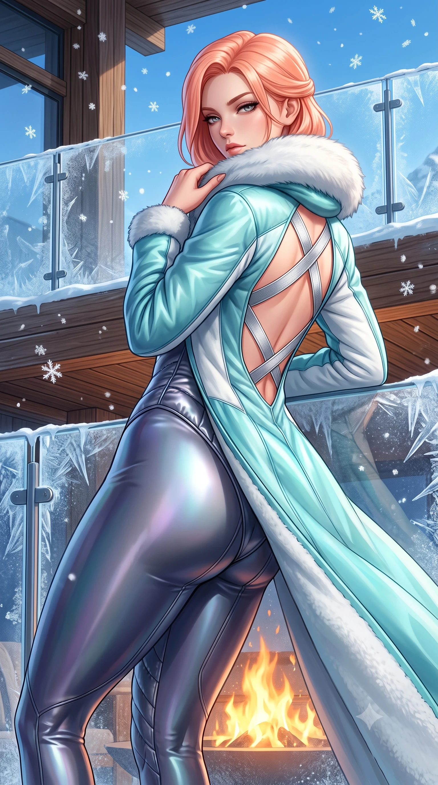 score_9, masterpiece, best quality, ultra-detailed, high-budget anime keyframe, semi-realistic 3D game render, editorial fashion photography, tasteful artistic composition, Japanese woman. close-up cowboy shot from the waist and thighs up, the character dominates the composition, filling the frame with her large presence. leaning back with relaxed seductive grace, her sculpted collarbones highlighted by light, casting smoldering bedroom-eyes directly into the lens while pivoting gracefully on the frosted glass deck, pulling her fur-trimmed collar close while casting an alluring side-gaze. The surrounding environment is rendered in vivid detail and crisp panoramic clarity. sharp ice crystal textures on glass balustrades, timber wood grain, and falling snowflake geometry in deep focus. She has an exceptionally elegant, slender, and willowy female figure with an ultra-slim waist, a gracefully sculpted slender torso, toned flat midriff, and a refined slim silhouette. sharp v-shaped jawline, high-bridge nose, intricate jewel-like eyes with depth, thick eyelashes, glossy parted lips with a natural sheen, intensely captivating and seductive expression, flawlessly proportioned anatomical accuracy, strict slender model proportions, natural body alignment, perfectly sculpted long slender limbs, ultra-slim waistline, clean dynamic posture without body distortion. wearing a luxurious satin thermal leotard layered under a sweeping floor-length white shearling coat in icy aqua turquoise and snowy white, crafted from metallic silver ripstop nylon with plush goose-down quilting, finished with a dramatic open back framed by criss-cross silver elastic straps, the snug thermal second-skin fit accentuating her razor-sharp statuesque lines and slim hourglass silhouette amidst the cold snow. bathed in crisp alpine blue sky ambient fill and warm roaring fire pit uplights. highly saturated vibrant anime colors, detailed shading with soft gradients, rich glossy textures, high-contrast stereoscopic depth, volumetric dynamic lighting, master piece, 9:16 ratio