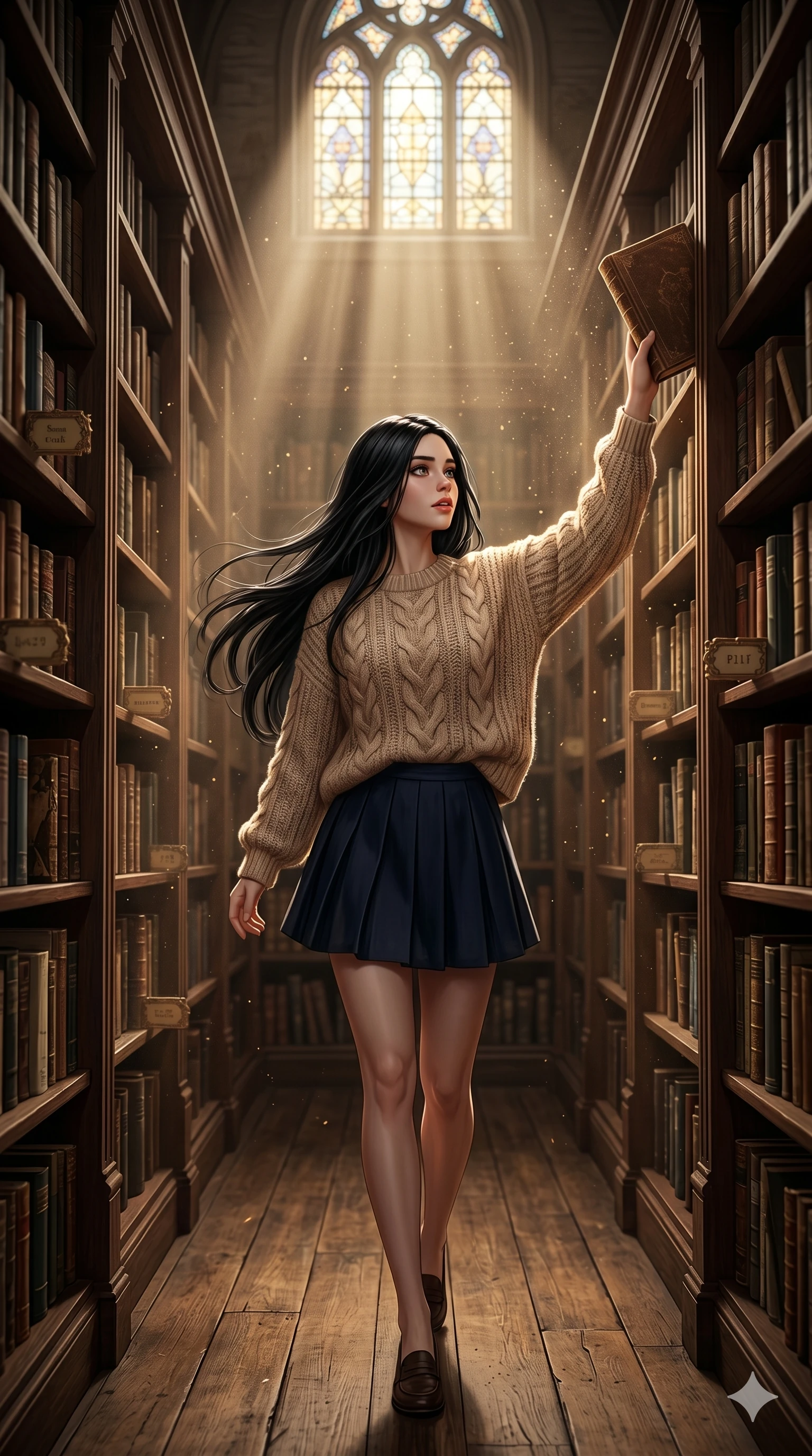 score_9, score_8_up, score_7_up, source_anime, masterpiece, best quality, ultra-detailed, same character with long flowing black hair, wearing a cozy oversized beige knit sweater and dark pleated skirt, full body shot walking down the aisle of a grand old library, reaching for a book on a high shelf, dust motes dancing in sunbeams, 2k, 9:16 ratio