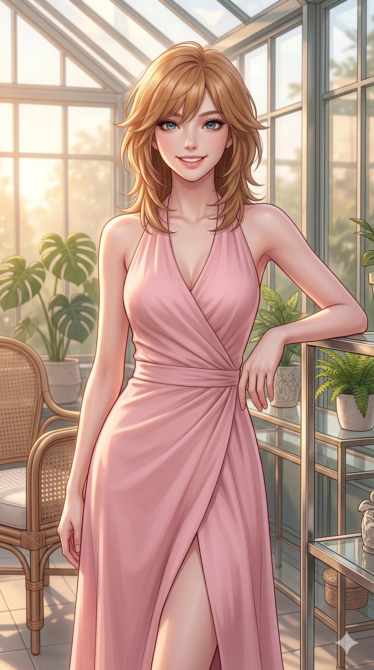 score_9, masterpiece, best quality, ultra-detailed, high-budget anime keyframe, editorial fashion photography, tasteful artistic composition, Korean woman. cowboy shot from the thighs up, character and outfit filling the frame for maximum editorial presence. looking at the camera with a bright, cheerful smile, her shoulders relaxed inside a modern glasshouse conservatory with high-end furniture. She has an absolutely perfect 8-heads proportion, an exceptionally tall and slender female figure with impossibly long slender legs and an ultra-slim waist. V-shaped jawline, high-bridge nose, intricate jewel-like eyes with depth, thick eyelashes, glossy lips with a natural sheen. wearing a soft pink wrap dress with a graceful halter neck and bare shoulders. drenched in warm golden hour light pouring through the glass, creating a soft glowing atmosphere. 2k, ultra detail, master piece, 9:16 ratio