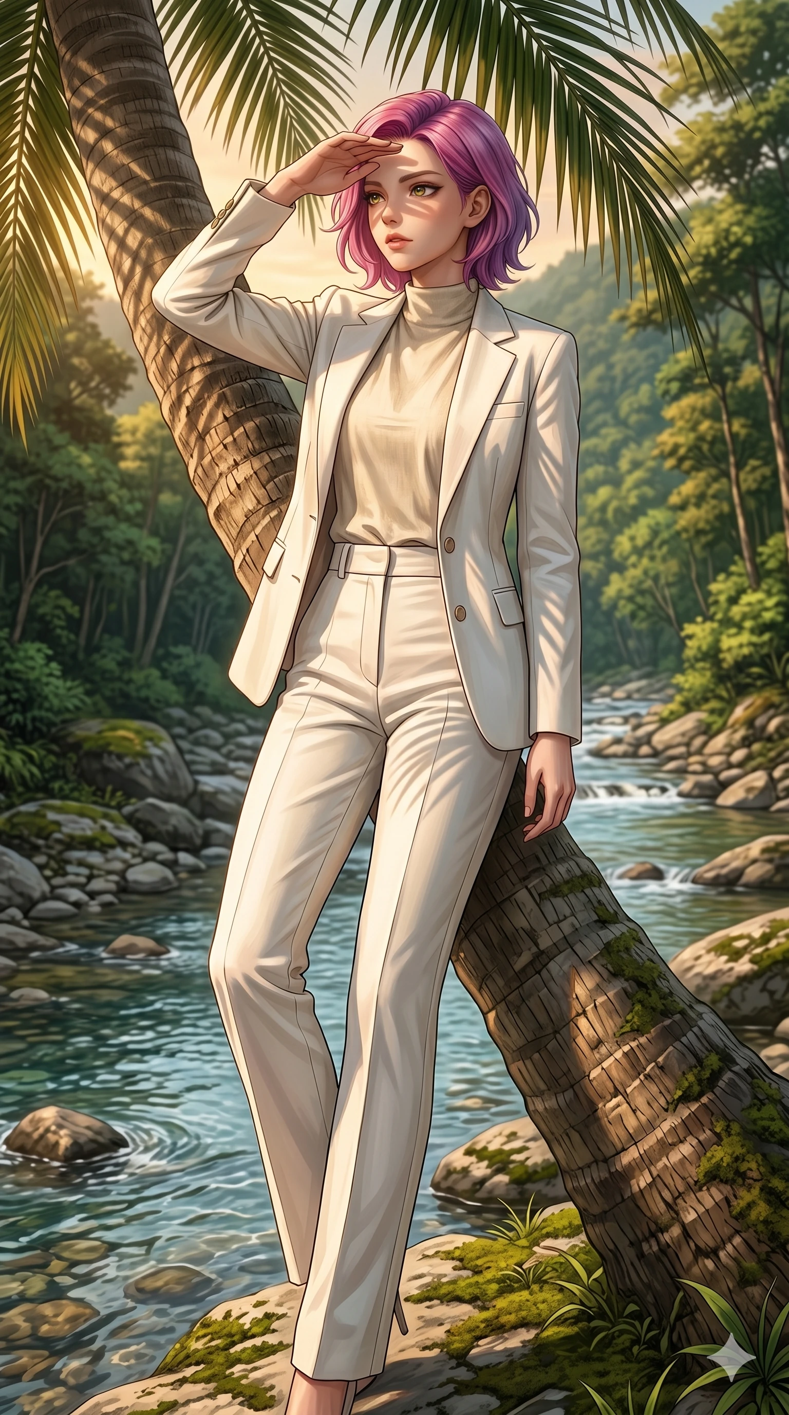 score_9, masterpiece, best quality, ultra-detailed, high-budget anime keyframe, editorial fashion photography, tasteful artistic composition, Caucasian woman, strictly human ears. low angle full-body shot from head to toe showing her feet, filling the entire 9:16 vertical frame with her statuesque presence, stretching her vertical silhouette. leaning against a palm tree trunk, shielding her eyes from the sun with one hand, casting a warm-eyed gaze by a crystal-clear mountain stream winding through a lush green forest valley (Code-P19-002). She has an absolutely perfect 8-heads proportion, an exceptionally tall and slender female figure with impossibly long slender legs and an ultra-slim waist. V-shaped jawline, high-bridge nose, intricate jewel-like eyes with depth, thick eyelashes, glossy lips with a natural sheen. wearing a tailored white cotton canvas blazer with matching trousers and a high-neck sun-bleached linen top. drenched in warm, late-afternoon sunshine casting long, elegant palm shadows across her form. 2k, ultra detail, master piece, 9:16 ratio