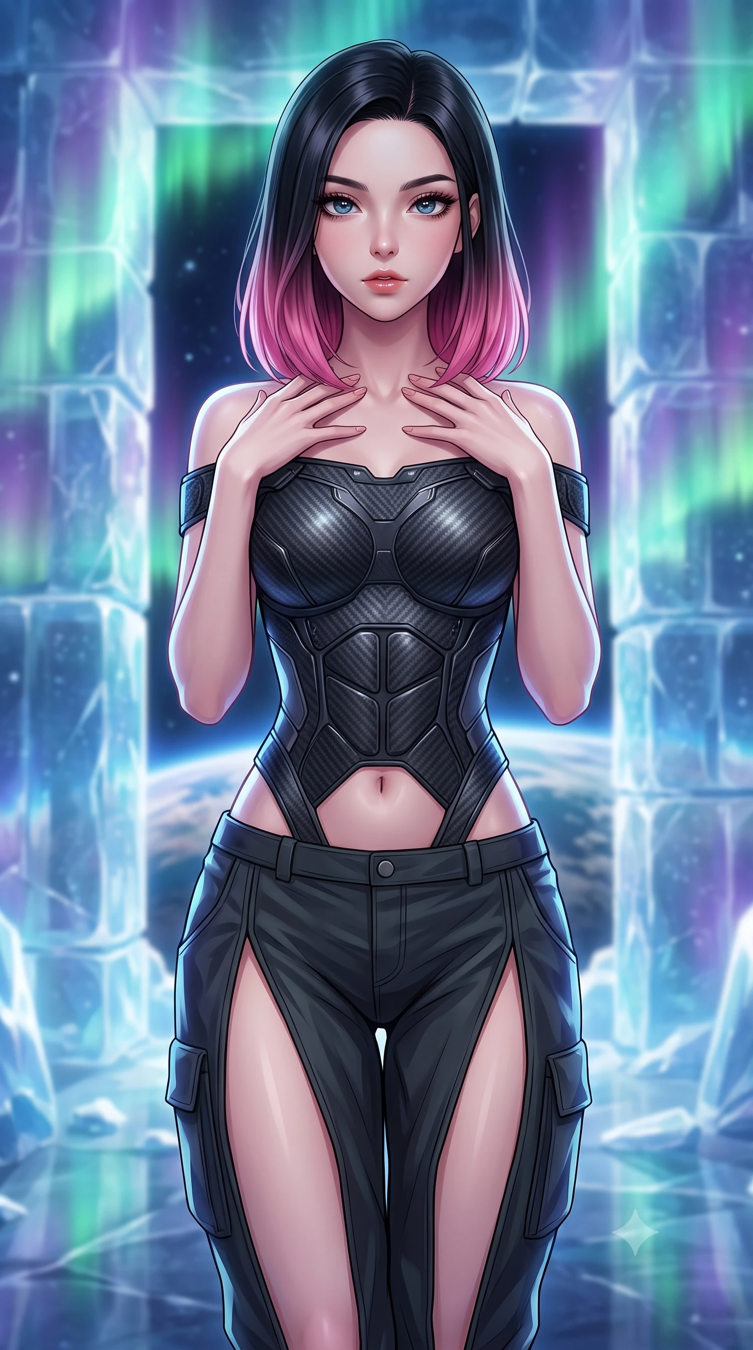 score_9, masterpiece, best quality, ultra-detailed, high-budget anime keyframe, editorial fashion photography, tasteful artistic composition, Korean woman. close-up cowboy shot from the waist and thighs up, the character dominates the composition, filling the frame with her large presence, background elements kept in soft focus. standing in a relaxed, elegant posture with both hands resting lightly on her collarbone, looking at the viewer with bedroom-eyes, the background shows a soft-focus an ice palace main hall built of solid frozen crystal blocks in orbit. She has an exceptionally elegant, slender, and willowy female figure with an ultra-slim waist, a gracefully sculpted slender torso, and a refined silhouette. sharp v-shaped jawline, high-bridge nose, intricate jewel-like eyes with depth, thick eyelashes, glossy lips with a natural sheen. wearing a body-hugging off-shoulder carbon-fiber armor top paired with high-slit tactical cargo pants, showing her delicately sculpted midriff. soft green and violet aurora polaris curtains wrapping the room in glow. highly saturated vibrant anime colors, detailed shading with soft gradients, rich glossy textures, high-contrast stereoscopic depth, volumetric dynamic lighting, master piece, 9:16 ratio
