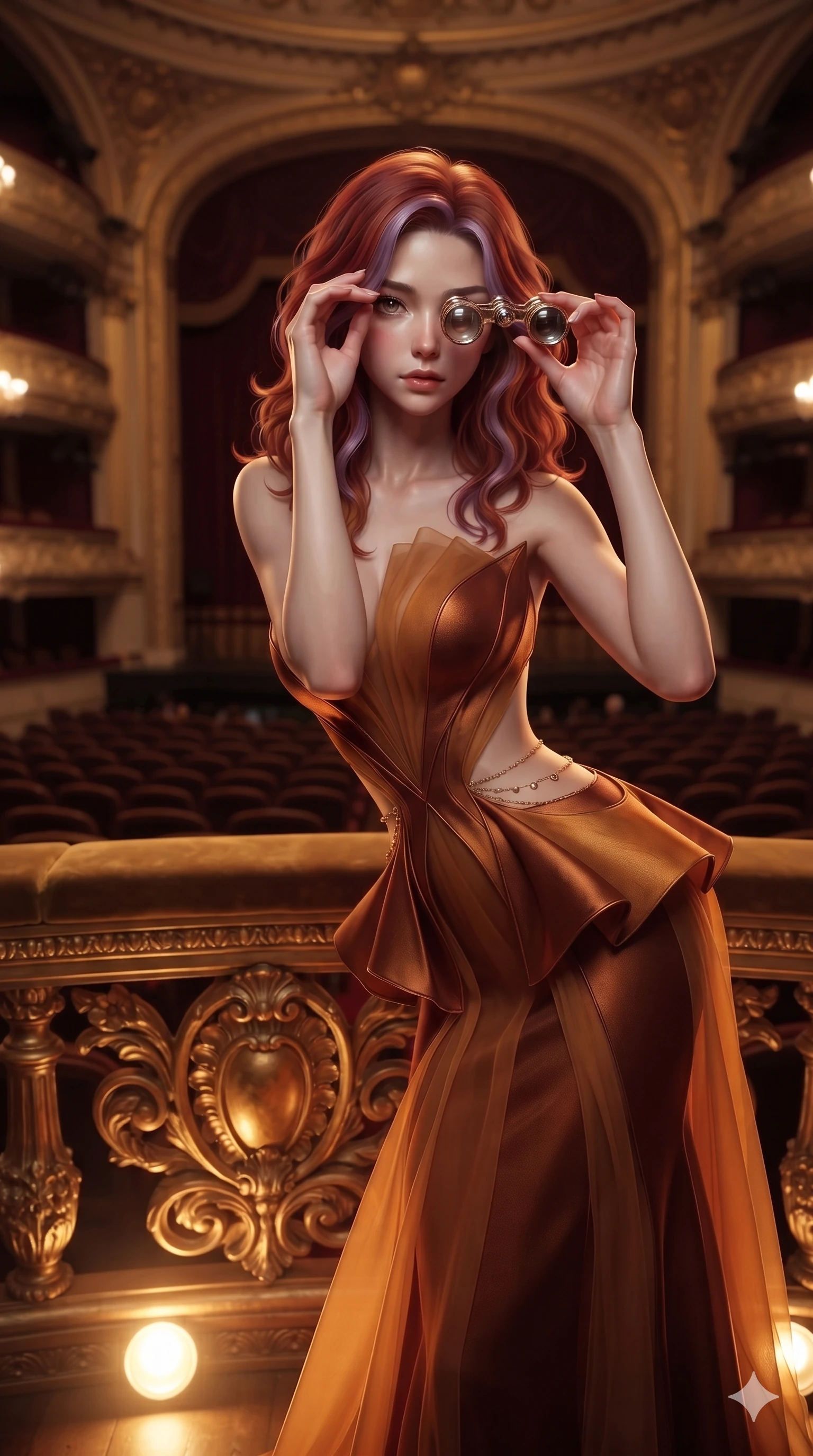 score_9, masterpiece, best quality, ultra-detailed, high-budget anime keyframe, editorial fashion photography, tasteful artistic composition, Caucasian woman. close-up cowboy shot from the waist and thighs up, the character dominates the composition, filling the frame with her large presence. leaning forward while arching her lower back to accentuate her curvy hips, looking into the camera with an intoxicating smoldering gaze and bedroom-eyes while leaning against the carved gold balustrade with hips cocked back, looking through crystal opera glasses with heavy-lidded seductive bedroom-eyes. The background shows a soft-focus theatrical grand tier atmosphere softened in royal opera salon shallow focus. She has an exceptionally elegant, slender, and willowy female figure with an ultra-slim waist, flat toned midriff, narrow ribcage, and sculpted feminine hips creating an alluring, slim hourglass silhouette without bulk. sharp v-shaped jawline, high-bridge nose, intricate jewel-like sparkling eyes with depth, thick eyelashes, glossy parted lips with a natural sheen, intensely captivating and seductive bedroom-eyes expression, exuding both youthful cute charm and sovereign luxury allure, flawlessly proportioned anatomical accuracy, strict slender model proportions, natural body alignment, perfectly sculpted long slender limbs, ultra-slim waistline, clean dynamic posture without body distortion. wearing a structural geometric peplum gown with sheer side-ribbon cutouts and form-fitting skirt in rich copper bronze and warm amber, made of sheer gossamer chiffon that drapes softly against skin with airy translucence, accented with a dainty gold belly chain resting across her flat midriff and curving hips, the form-contouring material adhering flawlessly to her sculpted flat midriff and slender torso, emphasizing her long leg lines and perfectly proportioned willowy build. bathed in the theatrical, dramatic contrast of golden stage footlights from below and dim ambient royal crimson lighting. ultra-reflective glossy finish, specular highlights, rich textural contrasts, high-contrast stereoscopic depth, volumetric dynamic lighting, 2k, ultra detail, master piece, 9:16 ratio