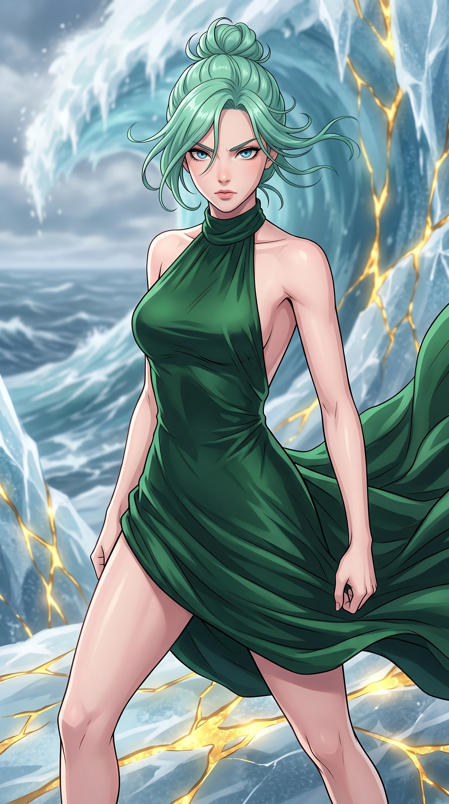 score_9, masterpiece, best quality, ultra-detailed, high-budget anime keyframe, clean line-art, cel-shading, Japanese woman. close-up cowboy shot from the waist and thighs up, the character dominates the composition, filling the frame with her large presence, background elements kept in soft focus. Bracing against a heavy gust of wind, her expression resolute and eyes blazing with power. set against a soft-focus background of the crest of a massive tidal wave instantly frozen in ice, overlooking a stormy ocean frozen in mid-motion. She has an exceptionally elegant and slender, willowy female figure with an ultra-slim waist, a gracefully sculpted slender torso, and a refined slim physique. sharp v-shaped jawline, high-bridge nose, intricate jewel-like eyes with depth, thick eyelashes, glossy lips with a natural sheen. wearing the lightweight fabric rippling and billowing dramatically with her movement, a body-hugging backless halter-neck silk dress in deep forest green, flowing elegantly along her slender figure. glowing kintsugi gold light radiating from cracks in the environment creating a majestic inner glow. highly saturated vibrant anime colors, intense vivid color palette, volumetric dynamic lighting, 2k, ultra detail, master piece, 9:16 ratio