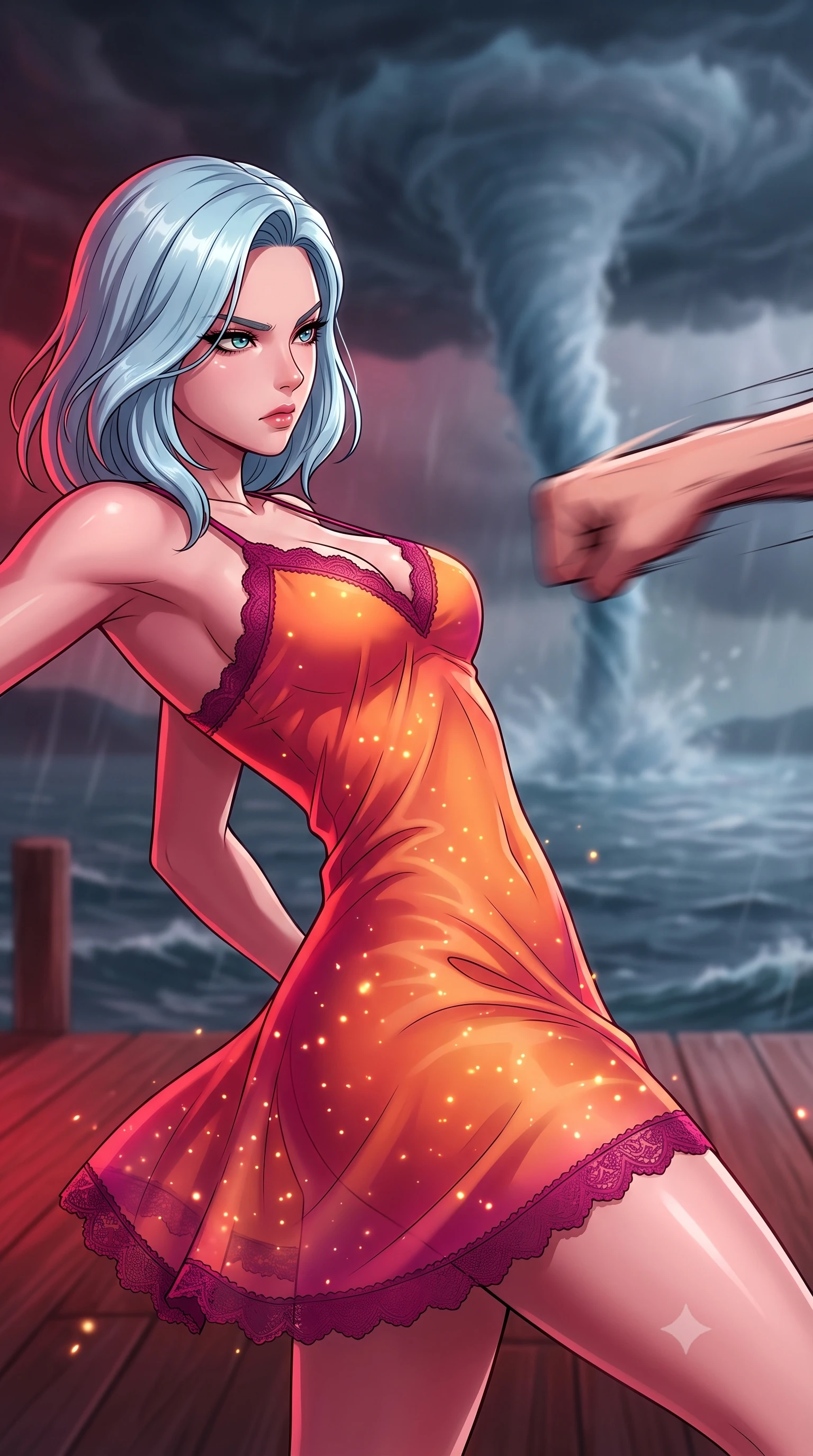 score_9, masterpiece, best quality, ultra-detailed, high-budget anime keyframe, clean line-art, cel-shading, Korean woman. close-up cowboy shot from the waist and thighs up, the character dominates the composition, filling the frame with her large presence, background elements kept in soft focus. Leaning back to dodge a fast strike with fluid grace, casting a cold side-glare. set against a soft-focus background of a lakeside platform during a storm, where a massive water spout connects the lake to a dark storm cloud above. She has an exceptionally elegant and slender, willowy female figure with an ultra-slim waist, a gracefully sculpted slender torso, and a refined slim physique. sharp v-shaped jawline, high-bridge nose, intricate jewel-like eyes with depth, thick eyelashes, glossy lips with a natural sheen. wearing catching and diffusing the glowing particles, shimmering softly in response to the surrounding light, a slim-fit gossamer-thin silk slip dress in a sunset orange gradient, detailed with magenta lace-trimmed edges. deep crimson theatrical lighting with sharp specular highlights on every curve. highly saturated vibrant anime colors, intense vivid color palette, volumetric dynamic lighting, 2k, ultra detail, master piece, 9:16 ratio
