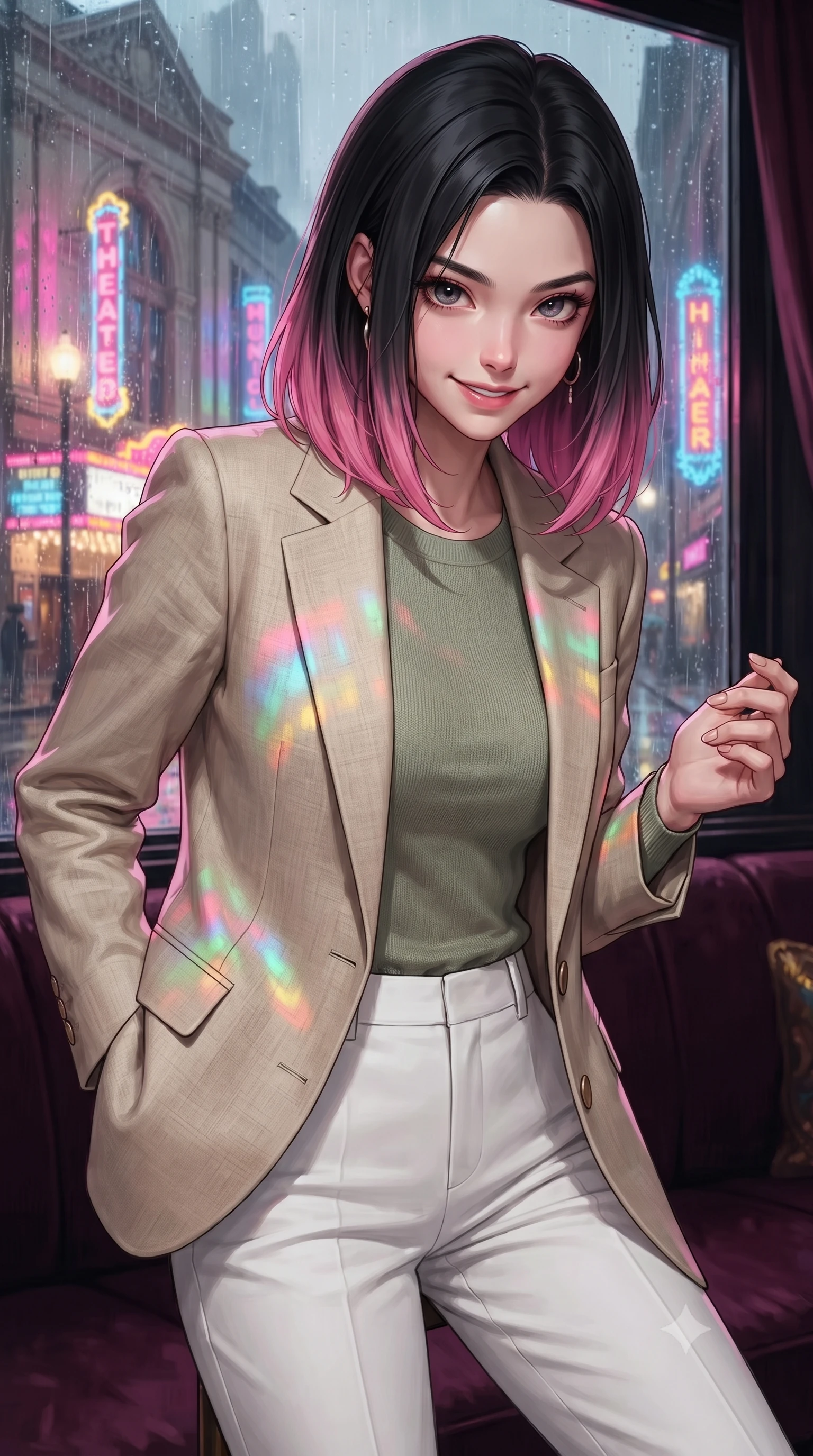 score_9, masterpiece, best quality, ultra-detailed, high-budget anime keyframe, editorial fashion photography, tasteful artistic composition, Korean woman. close-up cowboy shot from the waist and thighs up, the character dominates the composition, filling the frame with her large presence, background elements kept in soft focus. leaning slightly forward with a playful, teasing smile, her gaze locked onto the viewer the background shows a soft-focus a velvet-trimmed VIP suite overlooking a historic theater facade in the rain. She has an exceptionally elegant, slender, and willowy female figure with an ultra-slim waist, a gracefully sculpted slender torso, and a refined silhouette. sharp v-shaped jawline, high-bridge nose, intricate jewel-like eyes with depth, thick eyelashes, glossy lips with a natural sheen. wearing a body-hugging tailored beige linen blazer over a sage green knit top and white trousers. vibrant street neon lights reflecting off the wet windows onto her form. ultra-reflective glossy finish, specular highlights, metallic sheen, high-contrast stereoscopic depth, volumetric dynamic lighting, 2k, ultra detail, master piece, 9:16 ratio