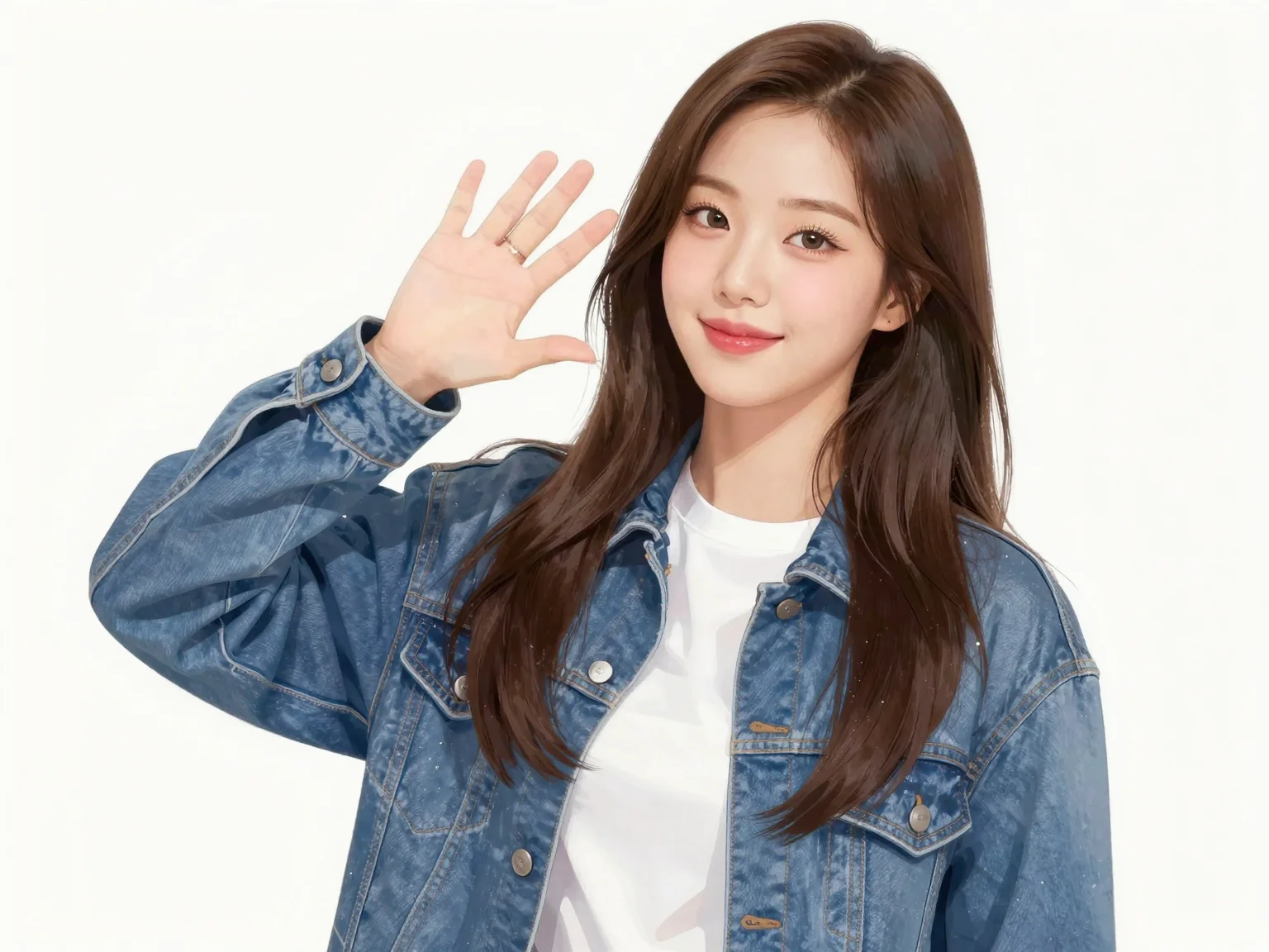 A realistic illustration of a Korean female idol who resembles Tzuyu from TWICE, wearing trendy casual clothes and waving to the viewer with a smile.
