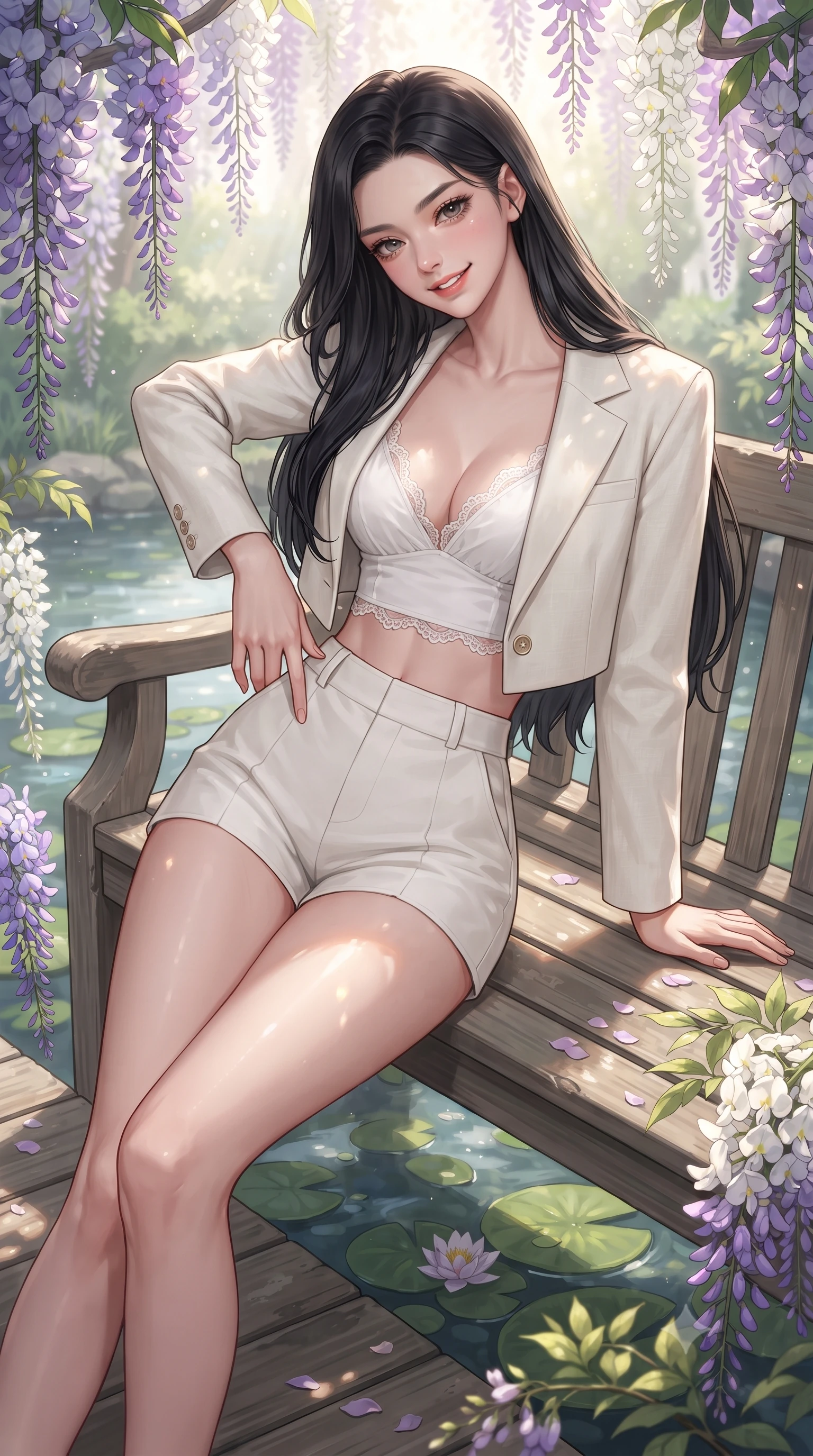 score_9, masterpiece, best quality, ultra-detailed, high-budget anime keyframe, editorial fashion photography, tasteful artistic composition, Korean woman. close-up cowboy shot from the waist and thighs up, the character dominates the composition, filling the frame with her large presence. tilting her head with a cute beaming smile while arching her spine with effortless dancer poise, one hand sliding along her hip line in a flirtatious S-curve while reclining on a wooden garden bench beside the pond, her long slender legs and curvy hips framed by blooming purple and white flowers. The surrounding environment is rendered in vivid detail and crisp panoramic clarity. sharp carved wooden bridge plank textures, water lily pad caustics, and wisteria petal details in deep focus. She has an exceptionally elegant, slender, and willowy female figure with an ultra-slim waist, flat toned midriff, narrow ribcage, and sculpted feminine hips creating an alluring, slim hourglass silhouette without bulk. sharp v-shaped jawline, high-bridge nose, intricate jewel-like sparkling eyes with depth, thick eyelashes, glossy parted lips with a natural peach sheen, bright cheerful beaming smile with an enchanting and coquettish sensual glint, exuding both youthful cute charm and seductive allure, flawlessly proportioned anatomical accuracy, strict slender model proportions, natural body alignment, perfectly sculpted long slender limbs, ultra-slim waistline, clean dynamic posture without body distortion. wearing a chic cropped linen blazer worn with a plunging-V camisole and high-waisted tailored hot-pants showcasing her long slender legs in pure alabaster white and sun-kissed gold, tailored from crisp cotton poplin with clean structural lines, finished with delicate lace scallop edging along the neckline, the form-contouring cut accentuating her sculpted flat midriff, narrow delicate ribcage, and gracefully curvy hips with supermodel precision. bathed in soft, radiant morning French sunshine filtering through wisteria blossoms. ultra-reflective glossy finish, specular highlights, rich textural contrasts, high-contrast stereoscopic depth, volumetric dynamic lighting, 2k, ultra detail, master piece, 9:16 ratio