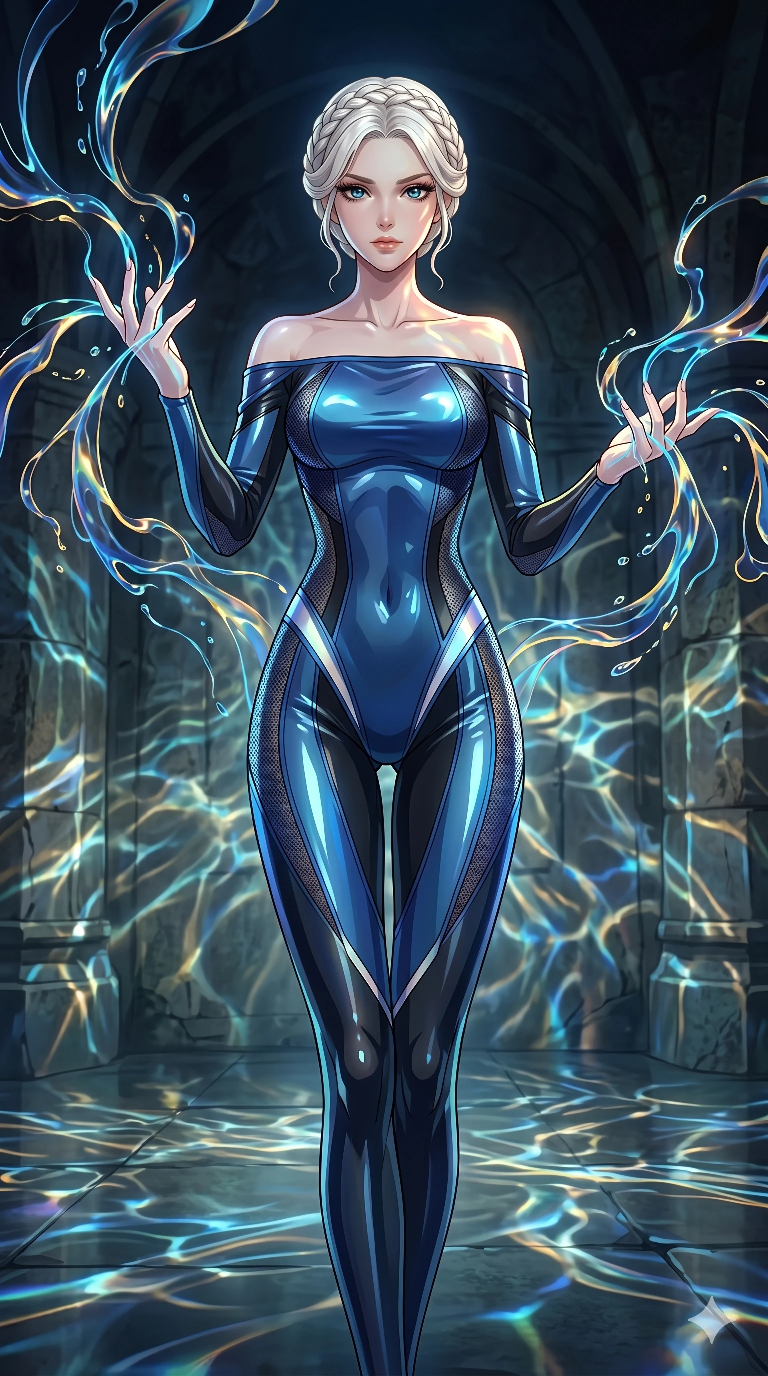 score_9, masterpiece, best quality, ultra-detailed, High-budget Anime Keyframe, vibrant colors, fluid line-art, expressive lighting, cinematic composition, Ufotable-style visual effects, top-tier animation quality, Japanese woman with delicate and elegant anime-inspired features. Medium shot from the thighs up, her commanding presence occupying two-thirds of the frame. Orchestrating a symphony of liquid light that flows from her fingertips like ink in water. She has an absolutely perfect 8-heads proportion, an exceptionally tall and slender female figure with impossibly long slender legs and an ultra-slim waist, her statuesque height and towering silhouette dominating the vertical 9:16 frame. Her face is a masterpiece featuring a sharp v-shaped jawline, high-bridge nose, intricate jewel-like eyes with depth, thick eyelashes, and glossy lips with a natural sheen. She is wearing a Off-shoulder tech-suit made of high-gloss synthetic fibers, featuring strategic micro-mesh panels. The scene is set in a chamber of echoes where every sound creates beautiful liquid patterns in the air. 2k, ultra detail, master piece, 9:16 ratio