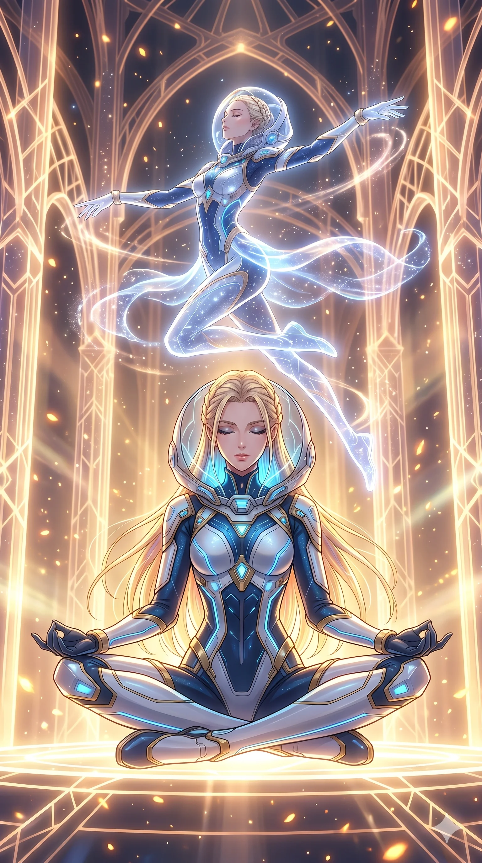 score_9, masterpiece, best quality, ultra-detailed, Set A: High-budget Anime Keyframe, Caucasian (human ears) woman. Low angle cowboy shot filling the entire 9:16 frame with her statuesque presence. Theme: Ethereal Dream. meditating in a temple made of solid light, as her reflection in the air starts to dance independently 195. The atmosphere is filled with golden hour with floating embers. She has an absolutely perfect 8-heads proportion, an exceptionally tall and slender female figure with impossibly long slender legs and an ultra-slim waist. Sharp v-shaped jawline, high-bridge nose, intricate jewel-like eyes with depth, glossy lips. Wearing Deep-space explorer suit with transparent helmet-hood and glowing bio-sensors. Cinematic lighting, vivid colors, dramatic shadows, 2k, ultra detail, master piece, 9:16 ratio
