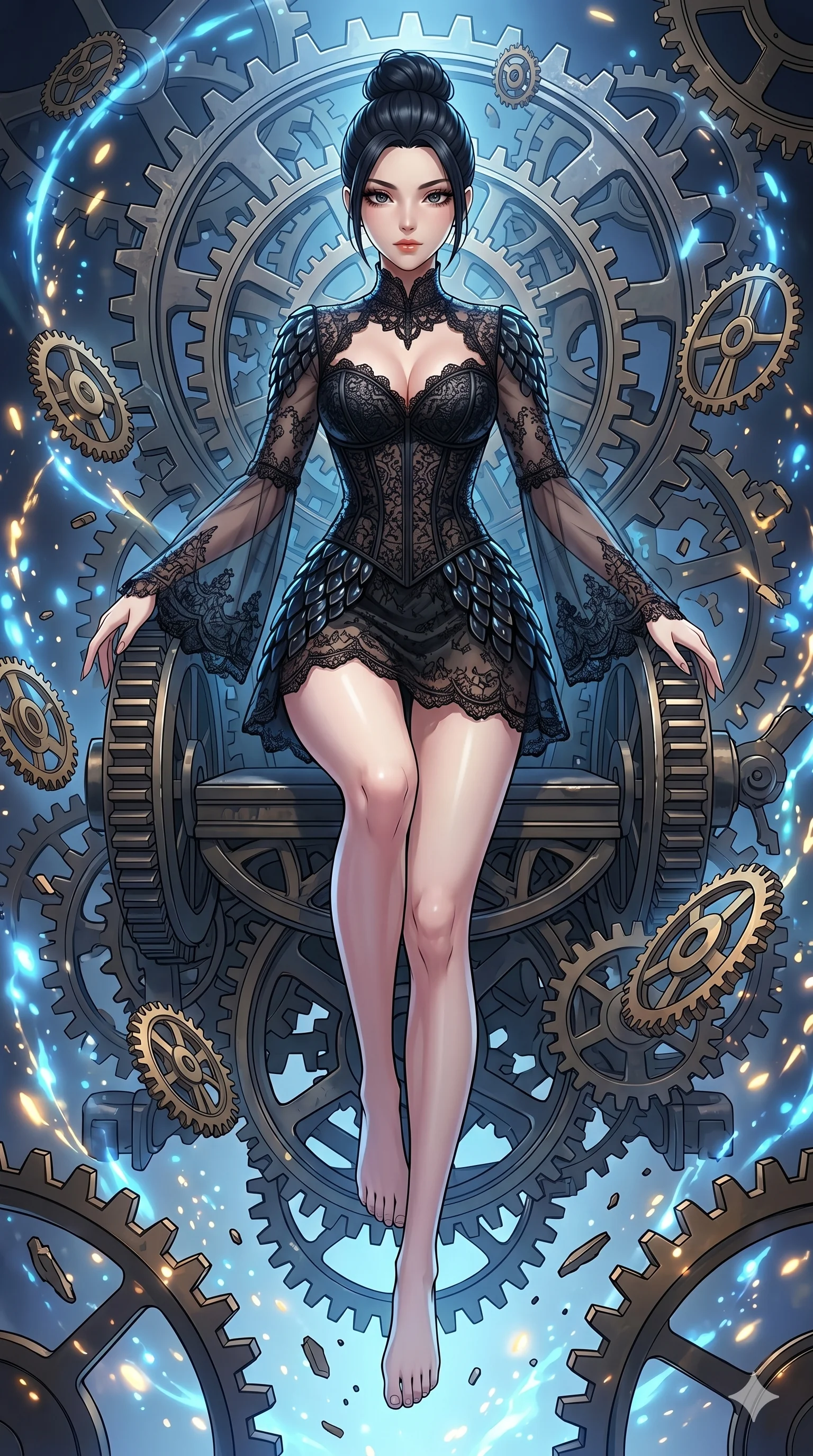 score_9, masterpiece, best quality, ultra-detailed, Set A: High-budget Anime Keyframe, Japanese woman. Low angle cowboy shot filling the entire 9:16 frame with her statuesque presence. Floating through a throne of gears, as gravity fails and everything around her floats in state 296 and surrounded by glowing energy sparks. She has an absolutely perfect 8-heads proportion, an exceptionally tall and slender female figure with impossibly long slender legs and an ultra-slim waist. Sharp v-shaped jawline, high-bridge nose, intricate jewel-like eyes with depth, thick eyelashes, glossy lips with a natural sheen. Wearing Gothic lace corset mini-dress with sheer bell-sleeves and obsidian glass scales. Cinematic lighting, vibrant colors, dramatic shadows, 2k, ultra detail, master piece, 9:16 ratio