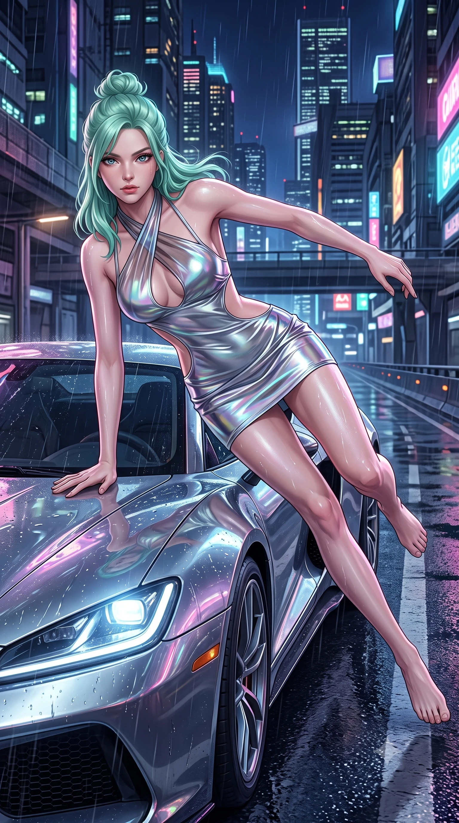 score_9, masterpiece, best quality, ultra-detailed, high-budget anime keyframe, semi-realistic 3D game render, editorial fashion photography, tasteful artistic composition, Japanese woman. low angle full-body shot from head to toe showing her feet, filling the entire 9:16 vertical frame with her statuesque presence, stretching her vertical silhouette. performing an alluring mid-air vault with flawless poise, looking directly into the camera with smoldering intensity while lounging seductively across the glossy hood of a futuristic chrome hyper-car on a rain-slicked highway. The surrounding environment is rendered in vivid detail and crisp panoramic clarity. intricate cyber-city skyline architecture, wet asphalt grain, and illuminated street textures in high clarity. She has an absolutely perfect, statuesque 8.5-heads proportion, an exceptionally tall and slender model-like female figure with impossibly long slender legs and an ultra-slim waist. sharp v-shaped jawline, high-bridge nose, intricate jewel-like eyes with depth, thick eyelashes, glossy lips with a natural sheen, flawlessly proportioned anatomical accuracy, natural body alignment, perfectly sculpted elegant limbs, clean dynamic posture without body distortion. wearing a molten silver liquid-metal mini dress featuring deep side-waist cutouts and a daring crossover halter neckline in translucent smoky quartz and iridescent holographic sheen, made of smooth iridescent silk chiffon that shifts colors with movement, complemented by criss-cross back straps highlighting her completely bare spine, the glove-like fit tightly following every curve of her statuesque athletic build. illuminated by glistening wet specular highlights and deep indigo urban shadows. highly saturated vibrant anime colors, detailed shading with soft gradients, rich glossy textures, high-contrast stereoscopic depth, volumetric dynamic lighting, master piece, 9:16 ratio