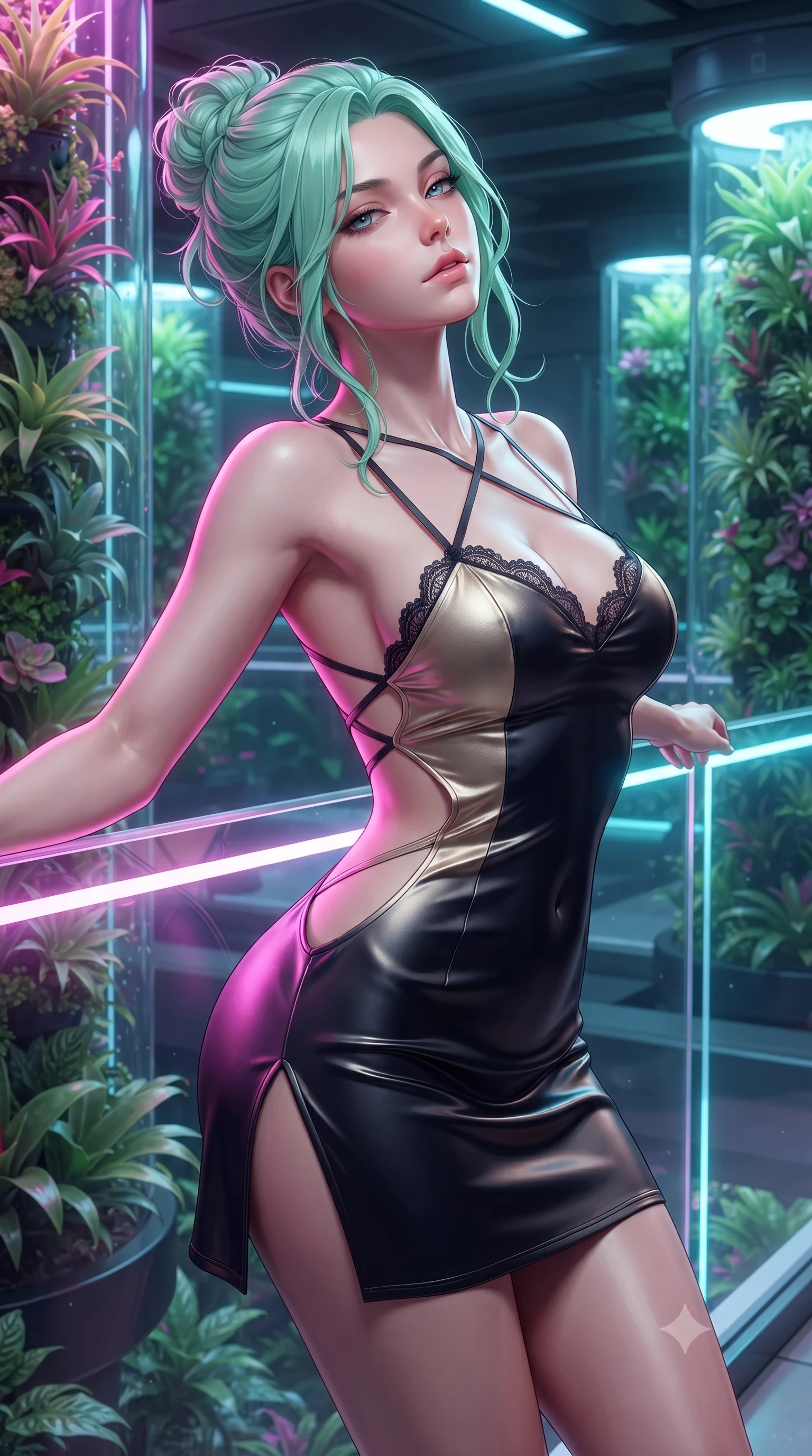 score_9, masterpiece, best quality, ultra-detailed, high-budget anime keyframe, editorial fashion photography, tasteful artistic composition, Japanese woman. close-up cowboy shot from the waist and thighs up, the character dominates the composition, filling the frame with her large presence. leaning back against the balustrade with relaxed seductive grace, head tilted back slightly while casting a hypnotic, heavy-lidded gaze while leaning against the illuminated acrylic safety railing with hips cocked back, looking through vertical epiphytic gardens with smoldering bedroom-eyes. The surrounding environment is rendered in vivid detail and crisp panoramic clarity: detailed garment cut, fabric cling, and bio-futuristic engineering in high resolution. She has an exceptionally elegant, slender, and willowy female figure with an ultra-slim waist, flat toned midriff, narrow ribcage, and sculpted feminine hips creating an alluring, slim hourglass silhouette without bulk. sharp v-shaped jawline, high-bridge nose, intricate jewel-like sparkling eyes with depth, thick eyelashes, glossy parted lips with a natural peach sheen, bright cheerful beaming smile with an enchanting and coquettish sensual glint, exuding both youthful cute charm and seductive allure, flawlessly proportioned anatomical accuracy, strict slender model proportions, natural body alignment, perfectly sculpted long slender limbs, ultra-slim waistline, clean dynamic posture without body distortion. wearing a backless liquid lamé mini dress with criss-cross spinal straps and daring side slit in deep midnight obsidian black and champagne gold, crafted from fluid liquid silk satin that clings smoothly to her narrow waist and rounded hips with a dewy sheen, finished with scalloped eyelash lace trim framing her sweetheart neckline with intimate elegance, the precision-cut side openings and low-back scoop framing her graceful spine and the sensual sweep of her slim, toned hips. illuminated by acrylic railing reflection fill and sharp neon-magenta and cyan dual rim lights defining her dewy collarbones, ultra-slim waist, and curvy hips. ultra-reflective glossy finish, specular highlights, rich textural contrasts, high-contrast stereoscopic depth, volumetric dynamic lighting, 2k, ultra detail, master piece, 9:16 ratio
