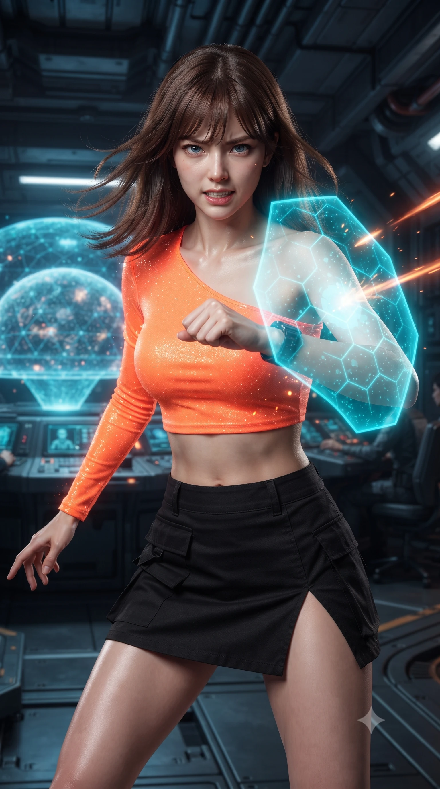 score_9, masterpiece, best quality, ultra-detailed, high-budget anime keyframe, editorial fashion photography, tasteful artistic composition, realistic cosplay photography, Korean woman. close-up cowboy shot from the waist and thighs up, the character dominates the composition, filling the frame with her large presence, background elements kept in soft focus. Deflecting incoming plasma bolts with a glowing energy shield attached to her forearm, teeth grit in determination. set against a soft-focus background of a secure bunker containing the controls for a planetary shield, a holographic projection of the shield dome flickering. She has an exceptionally elegant and slender, willowy female figure with an ultra-slim waist, a gracefully sculpted slender torso, and a refined slim physique. sharp v-shaped jawline, high-bridge nose, intricate jewel-like eyes with depth, thick eyelashes, glossy lips with a natural sheen. wearing catching and diffusing the glowing particles, shimmering softly in response to the surrounding light, a body-hugging asymmetric one-sleeve crop top in neon orange, paired with a black utility mini skirt featuring a high side slit. soft cyan light from the shield hologram illuminating the dark metallic walls. ultra-reflective glossy finish, specular highlights, metallic sheen, high-contrast stereoscopic depth, volumetric dynamic lighting, 2k, ultra detail, master piece, 9:16 ratio