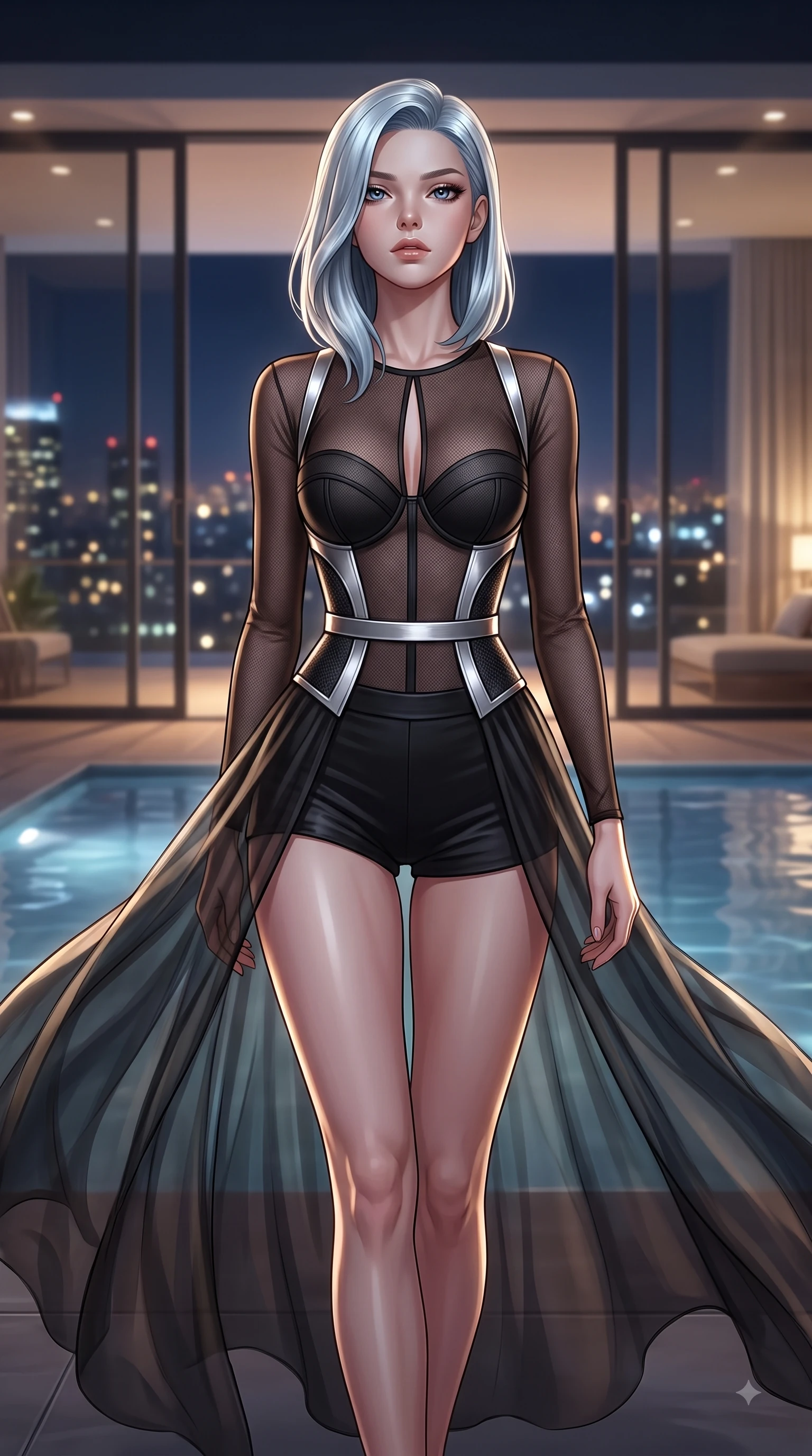 score_9, masterpiece, best quality, ultra-detailed, high-budget anime keyframe, editorial fashion photography, tasteful artistic composition, Korean woman. close-up cowboy shot from the waist and thighs up, the character dominates the composition, filling the frame with her large presence, background elements kept in soft focus. Tilting her chin up with composed magnetism as dramatic side lighting traces her sculpted waist and hip contour while stepping along a private pool terrace as gentle night breezes flutter her translucent gossamer gown, glistening city lights twinkling softly through floor-to-ceiling glass in the background. She has an exceptionally elegant, slender, and willowy female figure with an ultra-slim waist, a gracefully sculpted slender torso, and a refined silhouette. sharp v-shaped jawline, high-bridge nose, intricate jewel-like eyes with depth, thick eyelashes, glossy lips with a natural sheen, flawlessly proportioned anatomical accuracy, natural body alignment, perfectly sculpted elegant limbs, clean dynamic posture without body distortion. wearing a delicate see-through mesh top with structured cup boning and micro-shorts in matte black and polished silver, crafted from smooth liquid silk, accented with a Tasteful chest slit framing her clavicle gracefully, the form-contouring material highlighting her ultra-slim waist and long lines. surrounded by a cozy, intimate glow with smooth high-contrast stereoscopic depth. ultra-reflective glossy finish, specular highlights, metallic sheen, high-contrast stereoscopic depth, volumetric dynamic lighting, 2k, ultra detail, master piece, 9:16 ratio