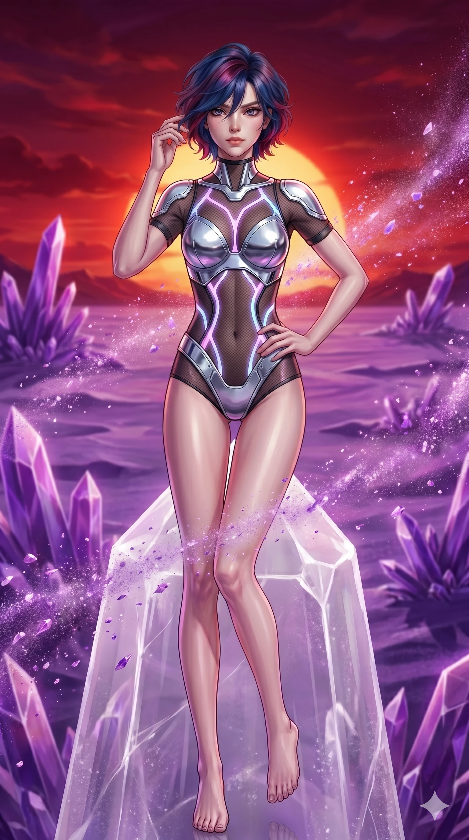 score_9, masterpiece, best quality, ultra-detailed, high-budget anime keyframe, Caucasian woman, strictly human ears. upper body close-up from the thighs up, character filling the screen for maximum presence. standing atop a transparent salt crystal tower in a purple crystalline desert as winds blow shimmering purple dust under a crimson sunset. She has an absolutely perfect 8-heads proportion, an exceptionally tall and slender female figure with impossibly long slender legs and an ultra-slim waist. V-shaped jawline, high-bridge nose, intricate jewel-like eyes with depth, thick eyelashes, glossy lips with a natural sheen.. wearing a bionic chrome plate bodysuit, featuring silver chrome plates covering the bust and hips, connected by sheer black mesh panels. enhanced by a luminous pastel spectrum glow, casting elegant rim lights on her shoulders and jawline. 2k, ultra detail, master piece, 9:16 ratio
