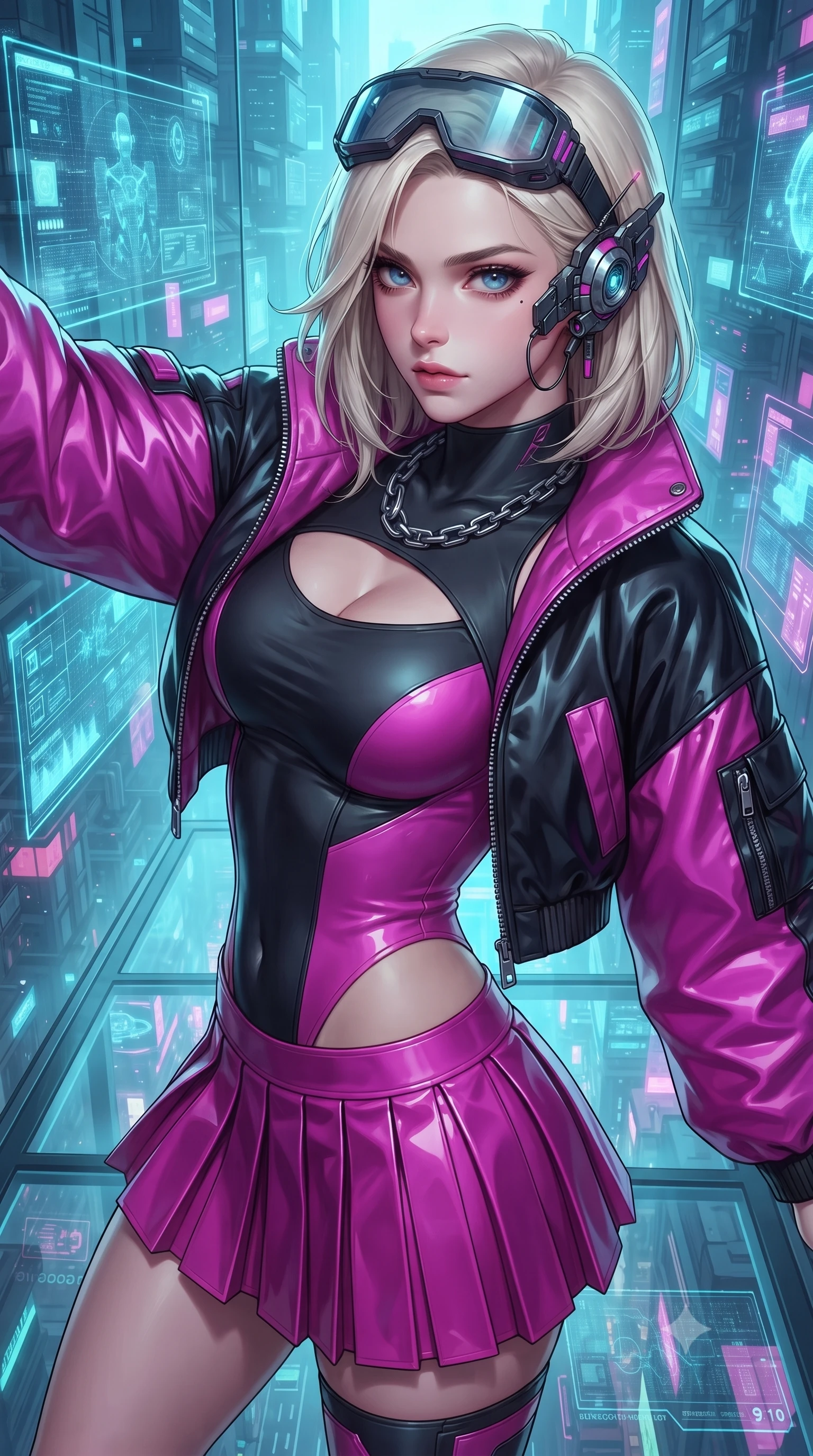 score_9, masterpiece, best quality, ultra-detailed, high-budget anime keyframe, editorial fashion photography, tasteful artistic composition, Caucasian woman. close-up cowboy shot from the waist and thighs up, the character dominates the composition, filling the frame with her large presence. radiating intense magnetic charisma with jewel-like eyes locked onto the viewer, her upper body turning in a dynamic, fluid S-curve while standing poised on a transparent structural glass floor overlooking the dizzying vertical abyss of a neon metropolis at 3 AM. The surrounding environment is rendered in vivid detail and crisp panoramic clarity. intricate cybernetic earpiece components, city street layouts visible 100 floors below, and telemetry grids in high clarity. She has an exceptionally elegant, slender, and willowy female figure with an ultra-slim waist, a gracefully sculpted slender torso, toned flat midriff, and a refined slim silhouette. sharp v-shaped jawline, high-bridge nose, intricate jewel-like eyes with depth, thick eyelashes, glossy lips with a natural sheen, captivating and magnetic expression, flawlessly proportioned anatomical accuracy, strict slender model proportions, natural body alignment, perfectly sculpted long slender limbs, ultra-slim waistline, clean dynamic posture without body distortion. wearing a daring cutout cyberpunk bodysuit paired with an oversized neon-accented bomber jacket and pleated micro-skirt in matte black and vivid magenta, tailored from second-skin aerodynamic stretch vinyl and insulated satin, accessorized with a chunky silver chain necklace and cyber-visor goggles resting on her brow edition #17, the glove-like aerodynamic second-skin fit tightly clinging to her ultra-slender waist and athletic curves without adding bulk, accentuating her razor-sharp statuesque lines and slim hourglass silhouette. bathed in ambient cyan and ice-blue holographic screen glow combined with midnight city skylight. ultra-reflective glossy finish, specular highlights, rich textural contrasts, high-contrast stereoscopic depth, volumetric dynamic lighting, 2k, ultra detail, master piece, 9:16 ratio