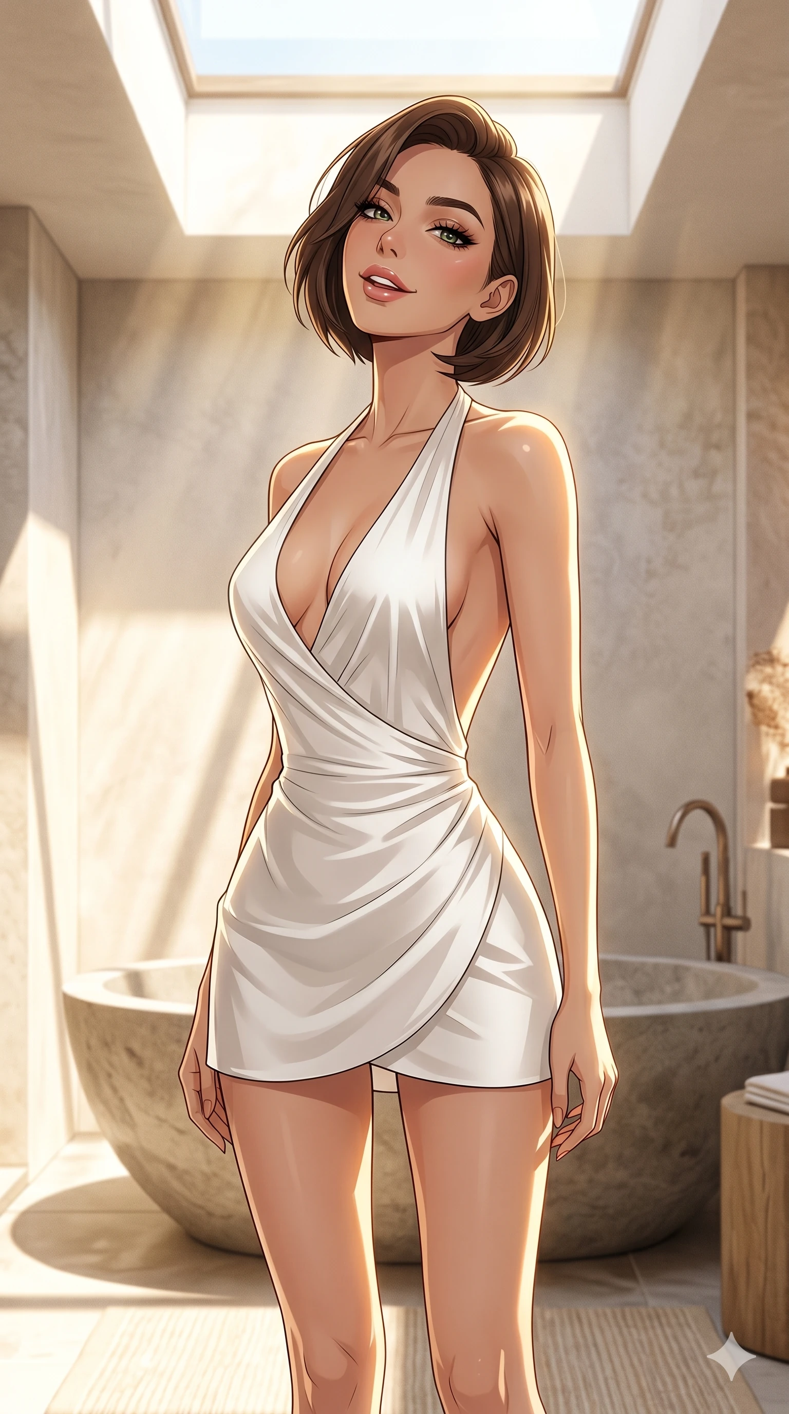 score_9, masterpiece, best quality, ultra-detailed, high-budget anime keyframe, editorial fashion photography, tasteful artistic composition, Caucasian woman, strictly human ears. cowboy shot from the thighs up, character and outfit filling the frame for maximum editorial presence. tilting her head back slightly with a playful, teasing smile, her lips parted with a sultry charm inside a sun-washed minimalist bathroom with a large stone tub and warm sunbeams filtering through skylight (Code-P044). She has an absolutely perfect 8-heads proportion, an exceptionally tall and slender female figure with impossibly long slender legs and an ultra-slim waist. V-shaped jawline, high-bridge nose, intricate jewel-like eyes with depth, thick eyelashes, glossy lips with a natural sheen. wearing a micro-length white silk wrap dress with a plunging neck and a scooped open back to the base of the spine. drenched in bright midday sunbeams, casting sharp warm highlights that outline her slender waist and long legs. 2k, ultra detail, master piece, 9:16 ratio