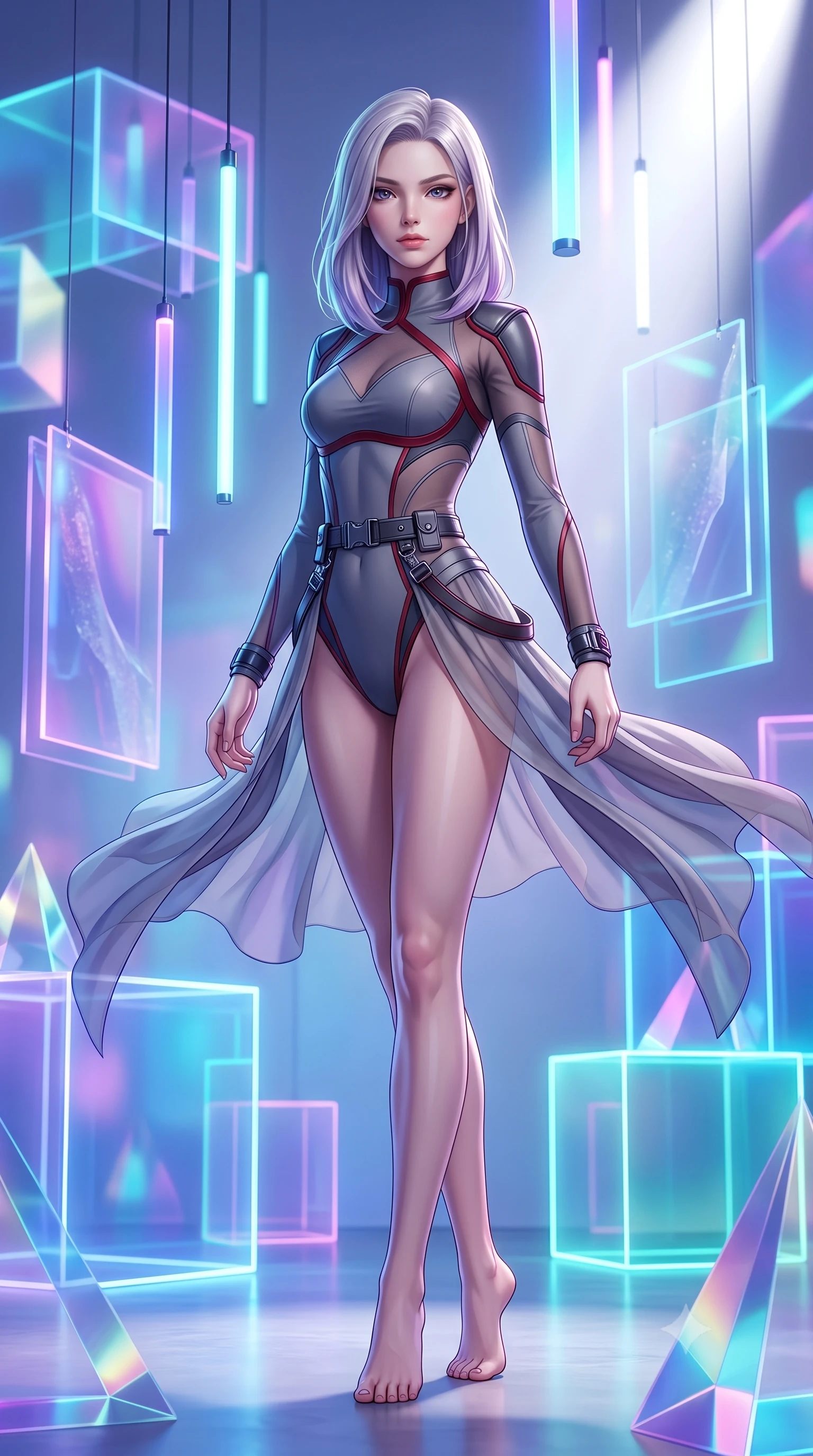 score_9, masterpiece, best quality, ultra-detailed, high-budget anime keyframe, semi-realistic 3D game render, editorial fashion photography, tasteful artistic composition, Caucasian woman. low angle full-body shot from head to toe showing her feet, filling the entire 9:16 vertical frame with her statuesque presence, stretching her vertical silhouette. executing an elegant mid-motion spin with effortless grace, her garments fluttering softly around her ultra-slim waistline while posing inside an avant-garde digital art gallery surrounded by glowing translucent acrylic cubes and suspended LED tubes. The composition keeps background elements in soft focus with creamy bokeh. translucent acrylic art installations and geometric light prisms softened in dreamy shallow focus. She has an absolutely perfect, statuesque 8.5-heads proportion, an exceptionally tall and slender model-like female figure with impossibly long slender legs, a toned flat midriff, and an ultra-slim waist. sharp v-shaped jawline, high-bridge nose, intricate jewel-like eyes with depth, thick eyelashes, glossy lips with a natural sheen, captivating and magnetic expression, flawlessly proportioned anatomical accuracy, strict slender model proportions, natural body alignment, perfectly sculpted long slender limbs, ultra-slim waistline, clean dynamic posture without body distortion. wearing a sharp asymmetrical spy bodysuit with sheer contouring mesh panels, reinforced strike shoulders, and utility waist harness in storm grey and dark scarlet trim, made of high-mobility liquid jersey and semi-opaque reinforced mesh, accented with concealed lockpick wristbands and polished dark chrome hardware edition #20, the liquid-tight tailored fabric emphasizing every curve of her tall, slender model proportions and sculptured silhouette during dynamic movement. bathed in dynamic color-shifting LED ambient illumination and pure white spotlight fill. highly saturated vibrant anime colors, detailed shading with soft gradients, rich glossy textures, high-contrast stereoscopic depth, volumetric dynamic lighting, master piece, 9:16 ratio