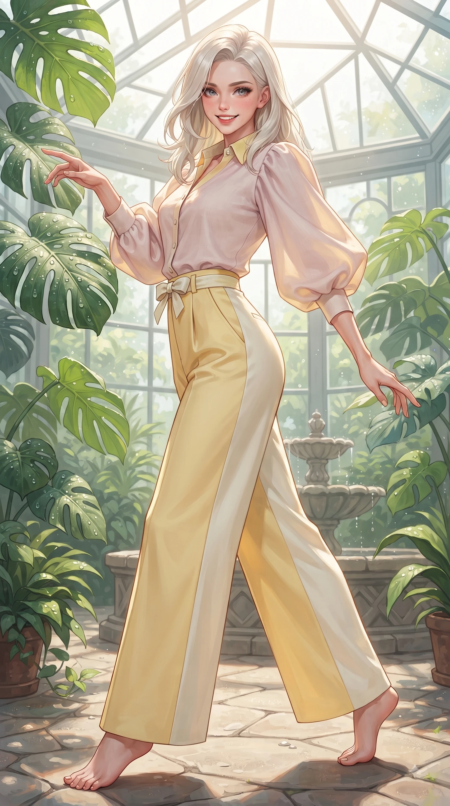 score_9, masterpiece, best quality, ultra-detailed, high-budget anime keyframe, editorial fashion photography, tasteful artistic composition, Caucasian woman. close-up cowboy shot from the waist and thighs up, the character dominates the composition, filling the frame with her large presence. Gazing directly into the camera with a fresh, infectious smile as her torso curves dynamically in mid-stride while reaching out playfully to touch a sun-lit green leaf while smiling with sparkling eyes into the lens. The surrounding environment is rendered in vivid detail and crisp panoramic clarity. dewdrops on Monstera leaves, stone fountain details, and clear glass geometric panels rendered in crisp resolution. She has an exceptionally elegant, slender, and willowy female figure with an ultra-slim waist, a gracefully sculpted slender torso, and a refined silhouette. sharp v-shaped jawline, high-bridge nose, intricate jewel-like eyes with depth, thick eyelashes, glossy lips with a natural sheen, flawlessly proportioned anatomical accuracy, natural body alignment, perfectly sculpted elegant limbs, clean dynamic posture without body distortion. wearing an elegant pastel linen blouse with puff sleeves and high-waisted wide-leg trousers in bright butter yellow and fresh cream white, crafted from smooth fluid silk satin, accented with a dainty waist ribbon bow, the tailored casual silhouette highlighting her fresh and youthful presence. surrounded by a peaceful, sun-drenched, and healing greenhouse atmosphere. ultra-reflective glossy finish, specular highlights, metallic sheen, high-contrast stereoscopic depth, volumetric dynamic lighting, 2k, ultra detail, master piece, 9:16 ratio