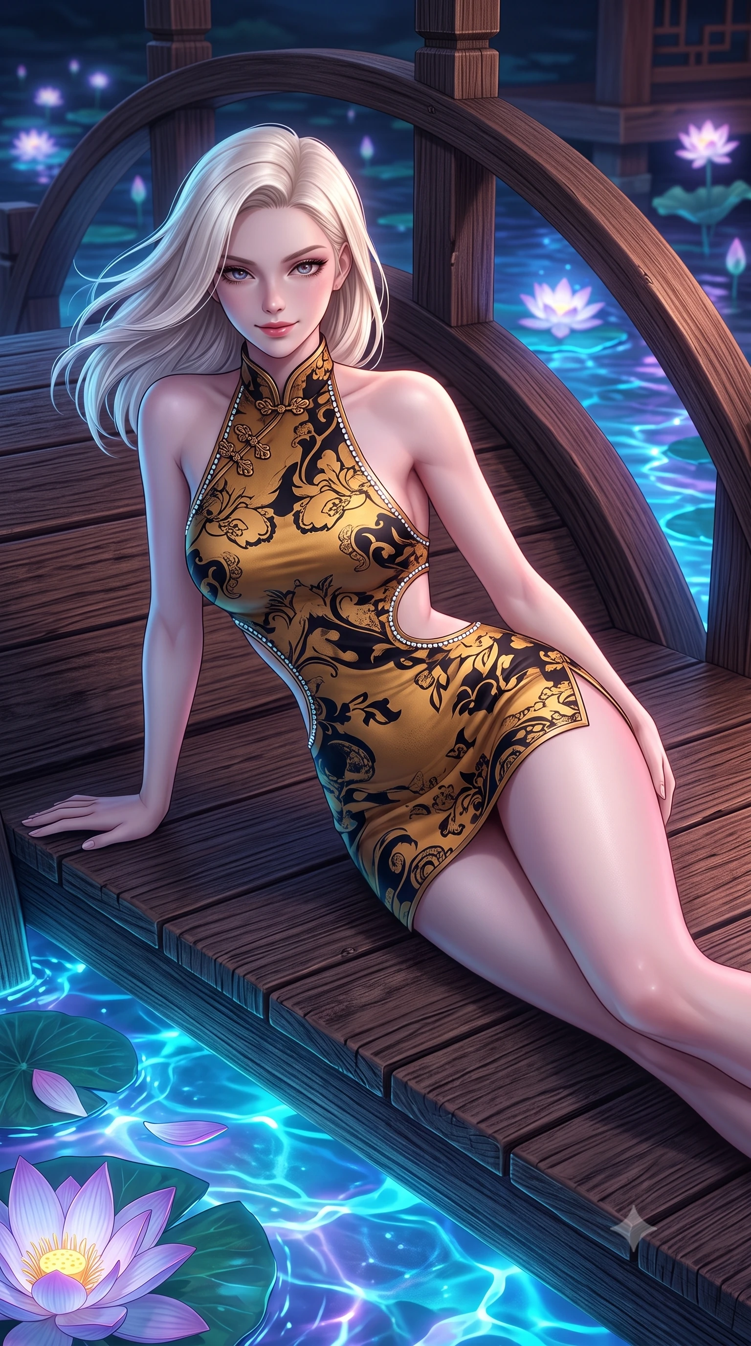score_9, masterpiece, best quality, ultra-detailed, high-budget anime keyframe, semi-realistic 3D game render, editorial fashion photography, tasteful artistic composition, Caucasian woman. close-up cowboy shot from the waist and thighs up, the character dominates the composition, filling the frame with her large presence. turning slowly with a smoldering smile, her glossy dark hair tossing in the evening breeze as her hips angle gracefully in a captivating contrapposto while lounging gracefully across a wooden landing platform propped on one arm, her long slender legs and hourglass curves radiating fantasy allure. The surrounding environment is rendered in vivid detail and crisp panoramic clarity: sharp bridge wooden arch grain, water lily petal venation, and crystal-clear glowing water ripple clarity in deep focus. She has an exceptionally elegant, slender, and willowy female figure with an ultra-slim waist, flat toned midriff, narrow ribcage, and sculpted feminine hips creating an alluring, slim hourglass silhouette without bulk. sharp v-shaped jawline, high-bridge nose, intricate jewel-like dark sparkling almond eyes with depth, thick lashes, glossy parted lips with a natural rose-plum sheen, bright alluring and coquettish smile with bedroom-eyes, exuding both timeless oriental elegance and sovereign high-fashion allure, flawlessly proportioned anatomical accuracy, strict slender model proportions, natural body alignment, perfectly sculpted long slender limbs, ultra-slim waistline, clean dynamic posture without body distortion. wearing a backless halter qipao mini dress with delicate frog-button closures and side waist cutouts framing her hourglass curves in antique saffron gold and ebony black, made of supple second-skin stretch silk jersey clinging flawlessly to her form, finished with subtle crystal rhinestones tracing the elegant neckline, the form-contouring cut accentuating her sculpted flat midriff, narrow delicate ribcage, and gracefully curvy hips with regal oriental supermodel elegance. bathed in magical cyan and violet bioluminescent light radiating from the lotus pond. highly saturated vibrant anime colors, detailed shading with soft gradients, rich glossy textures, high-contrast stereoscopic depth, volumetric dynamic lighting, master piece, 9:16 ratio