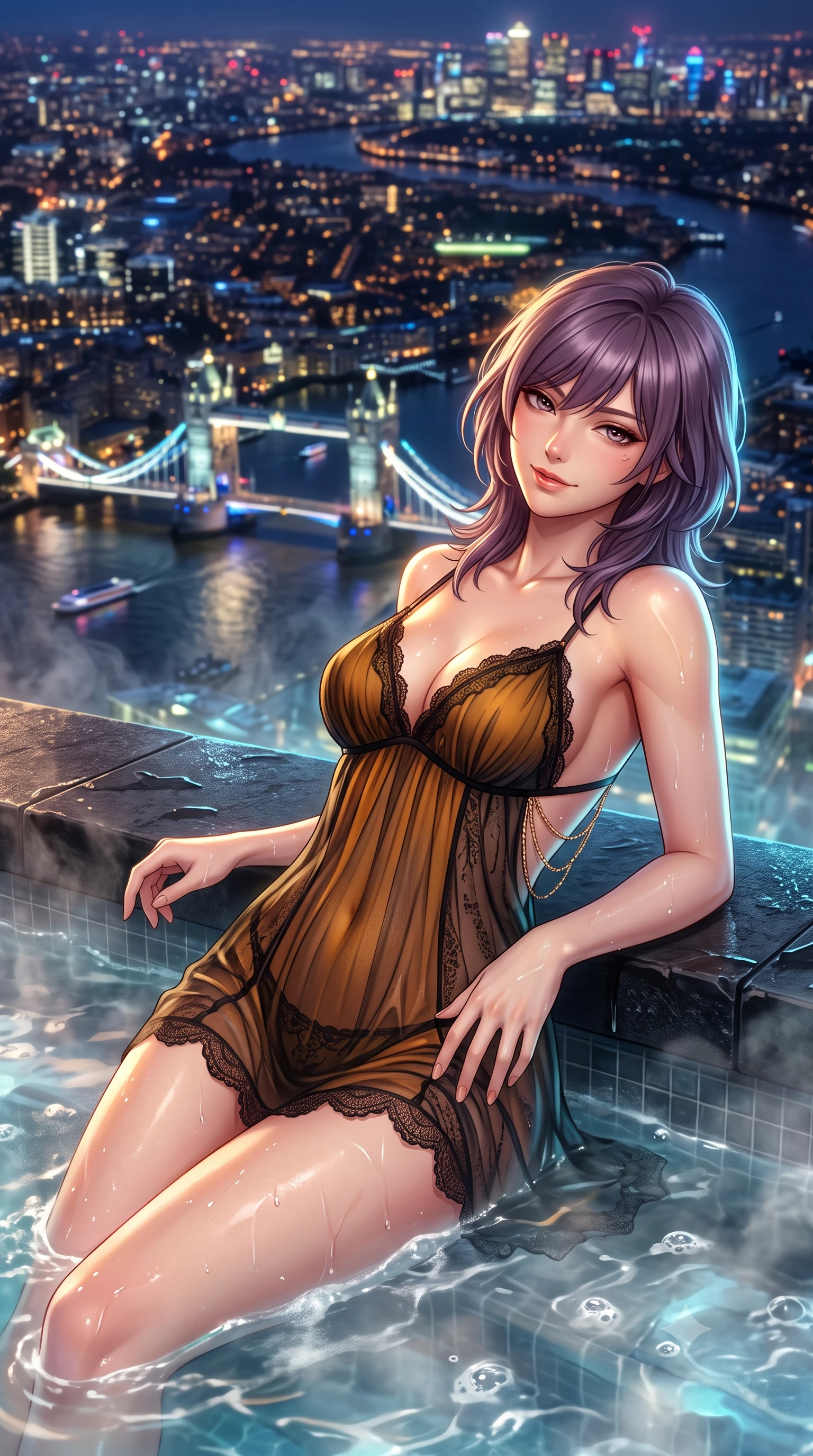 score_9, masterpiece, best quality, ultra-detailed, high-budget anime keyframe, semi-realistic 3D game render, editorial fashion photography, tasteful artistic composition, Japanese woman. close-up cowboy shot from the waist and thighs up, the character dominates the composition, filling the frame with her large presence. tilting her head with a teasing half-smile, running one hand slowly down the side of her hip in a flirtatious S-curve as ambient light caresses her silhouette while lounging in the steaming water propped on the dark stone rim with legs extended, her statuesque 8.5-heads silhouette commanding the metropolis. The background shows a soft-focus illuminated twin gothic towers of Tower Bridge, winding black ribbon of River Thames with riverboat lights, and endless London skyline blurred into sapphire, gold, and ruby bokeh. She has an exceptionally elegant, slender, and willowy female figure with an ultra-slim waist, flat toned midriff, narrow ribcage, and sculpted feminine hips creating an alluring, slim hourglass silhouette without bulk. sharp v-shaped jawline, high-bridge nose, intricate jewel-like sparkling eyes with depth, thick eyelashes, glossy parted lips with a natural peach sheen, bright cheerful beaming smile with an enchanting and coquettish sensual glint, exuding both youthful cute charm and seductive allure, flawlessly proportioned anatomical accuracy, strict slender model proportions, natural body alignment, perfectly sculpted long slender limbs, ultra-slim waistline, clean dynamic posture without body distortion. wearing a form-contouring sheer pleated georgette baby-doll slip with plunging sweetheart neckline and scalloped lace trim in Hakone steaming sulfur amber and volcanic basalt black, woven from fine semi-opaque stretch illusion mesh tracing her slender contours, accented with an open-back drape framed by falling strands of delicate gold chains, the liquid-tight tailored fabric clinging flawlessly to her narrow waist and rounded feminine hips, emphasizing every millimeter of her sculpted slim hourglass curves without any bulky heaviness. illuminated by tub water caustics bounce and sharp platinum-cyan rim lights sculpting her razor-sharp jawline, narrow waist, and curvy hips. highly saturated vibrant anime colors, detailed shading with soft gradients, rich glossy textures, high-contrast stereoscopic depth, volumetric dynamic lighting, master piece, 9:16 ratio