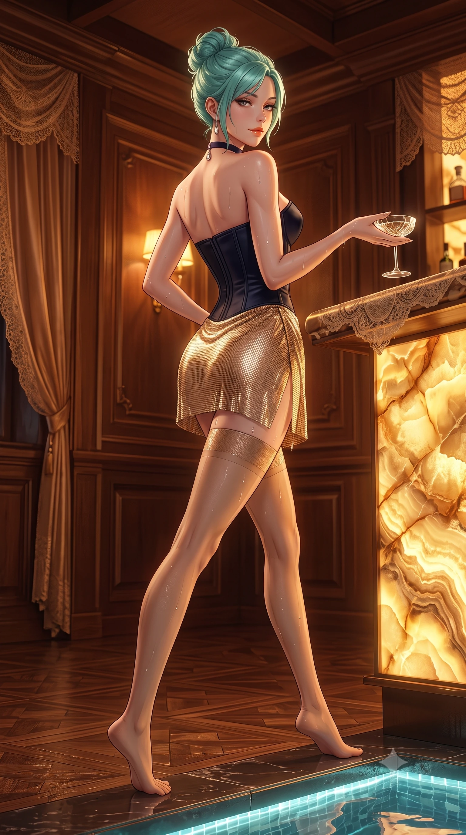 score_9, masterpiece, best quality, ultra-detailed, high-budget anime keyframe, semi-realistic 3D game render, editorial fashion photography, tasteful artistic composition, Japanese woman. low angle full-body shot from head to toe showing her feet, filling the entire 9:16 vertical frame with her statuesque presence, stretching her vertical silhouette. walking along the illuminated pool edge with water droplets glinting on her skin, looking back over her bare shoulder with an irresistible smoldering bedroom-gaze while leaning against the backlit onyx bar counter with hips cocked back, toying with a crystal coupe while casting a smoldering, heavy-lidded smile. The surrounding environment is rendered in vivid detail and crisp panoramic clarity: detailed lace/satin fabric weave, diamond jewelry glints, and opulent speakeasy interior craftsmanship in razor-sharp precision. She has an absolutely perfect, statuesque 8.5-heads proportion, an exceptionally tall and slender model-like female figure with impossibly long slender legs, an ultra-slim waist, a flat toned midriff, narrow delicate ribcage, and beautifully sculpted feminine hips creating a graceful, slim hourglass silhouette without any bulky heaviness. sharp v-shaped jawline, high-bridge nose, sparkling eyes with hypnotic seductive depth, thick curled eyelashes, glossy parted lips with a natural dewy peach sheen, alluring bedroom-eyes with an enchanting coquettish smile, exuding magnetic siren charisma and sophisticated high-fashion glamour, flawlessly proportioned anatomical accuracy, strict slender model proportions, natural body alignment, perfectly sculpted long slender limbs, ultra-slim waistline, clean dynamic posture without body distortion. wearing a structured boned satin corset bodice paired with an ultra-short micro-wrap mini skirt and sheer thigh-high stockings in midnight obsidian black and liquid champagne gold, crafted from shimmering fluid chainmail mesh reflecting ambient candlelight, finished with a thin velvet ribbon choker and a single teardrop diamond pendant, the liquid-tight tailored fabric clinging flawlessly to her narrow waist and rounded feminine hips, emphasizing every millimeter of her sculpted slim hourglass curves without any bulky heaviness. bathed in moody amber chiaroscuro lighting spilling softly from vintage shaded table lamps. highly saturated vibrant anime colors, detailed shading with soft gradients, rich glossy textures, high-contrast stereoscopic depth, volumetric dynamic lighting, master piece, 9:16 ratio