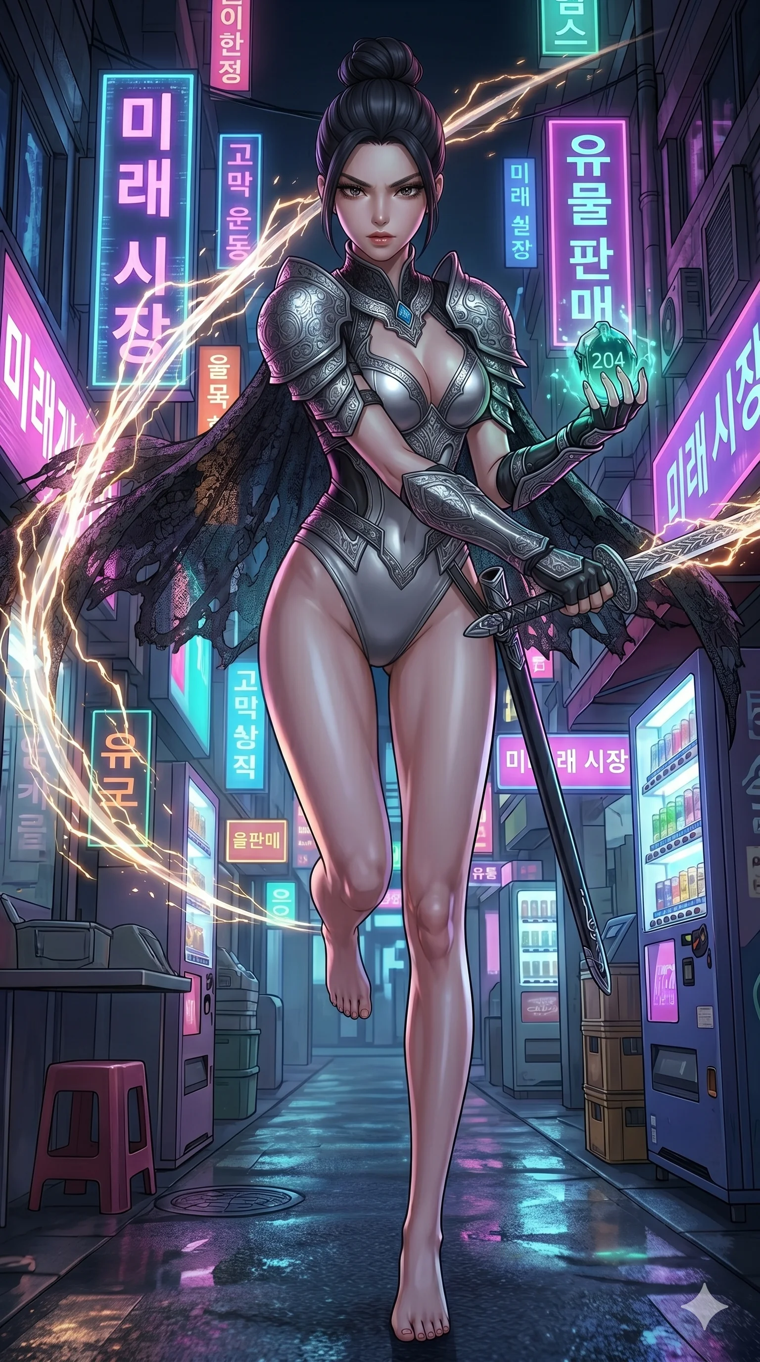 score_9, masterpiece, best quality, ultra-detailed, Set A: High-budget Anime Keyframe, Caucasian (strictly human ears) woman. Low angle cowboy shot filling the entire 9:16 frame with her statuesque presence. Drawing a blade through a neon-lit Neo-Seoul market, holding a relic that pulses with the frequency 204 and surrounded by glowing energy sparks. She has an absolutely perfect 8-heads proportion, an exceptionally tall and slender female figure with impossibly long slender legs and an ultra-slim waist. Sharp v-shaped jawline, high-bridge nose, intricate jewel-like eyes with depth, thick eyelashes, glossy lips with a natural sheen. Wearing Warrior-style plate armor over a high-cut silk leotard with tattered lace capes. Cinematic lighting, vibrant colors, dramatic shadows, 2k, ultra detail, master piece, 9:16 ratio