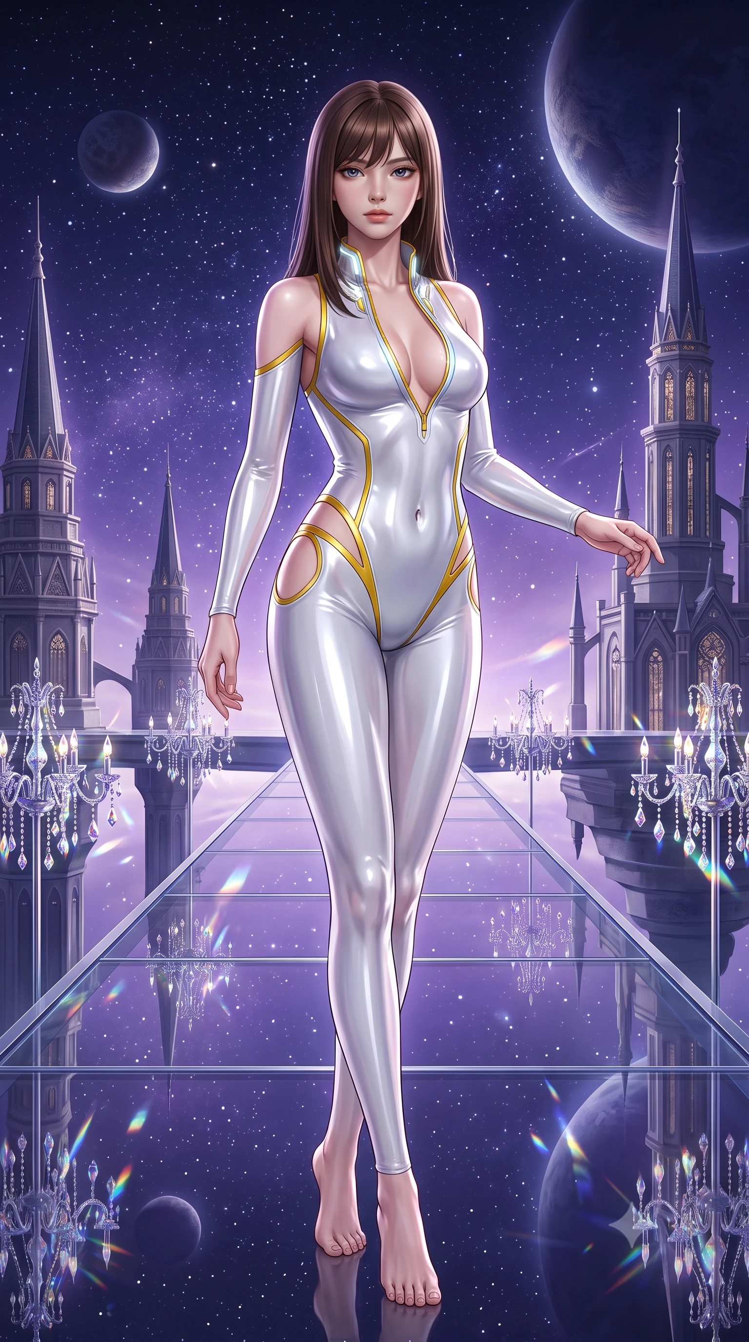 score_9, masterpiece, best quality, ultra-detailed, high-budget anime keyframe, semi-realistic 3D game render, editorial fashion photography, tasteful artistic composition, Korean woman. low angle full-body shot from head to toe showing her feet, filling the entire 9:16 vertical frame with her statuesque presence, stretching her vertical silhouette. pivoting dynamically in mid-motion with a breathtakingly alluring posture, displaying her flawless model proportions and ultra-slim waist while stepping along a floating glass promenade connecting celestial towers under a violet starlit sky. The surrounding environment is rendered in vivid detail and crisp panoramic clarity. intricate crystal chandelier prisms, distant celestial palace spires, and twilight sky stars in high clarity. She has an absolutely perfect, statuesque 8.5-heads proportion, an exceptionally tall and slender model-like female figure with impossibly long slender legs, a toned flat midriff, and an ultra-slim waist. sharp v-shaped jawline, high-bridge nose, intricate jewel-like eyes with depth, thick eyelashes, glossy lips with a natural sheen, flawlessly proportioned anatomical accuracy, strict slender model proportions, natural body alignment, perfectly sculpted long slender limbs, ultra-slim waistline, clean dynamic posture without body distortion. wearing a second-skin white liquid-mercury micro-bodysuit sculpted tightly to her slender build, featuring razor-thin metallic straps and hip cutouts in vibrant sunburst canary yellow and gold trim, crafted from ultra-reflective second-skin latex with a high-gloss glass-like polish, featuring a dangerously unzipped neckline framed by glowing cybernetic accents, the precision-cut daring openings accentuating her delicate midriff, graceful bare collarbones, and ultra-slim feminine waistline. illuminated by crisp starlight rim highlights sharply outlining her ultra-slim waist and long legs. highly saturated vibrant anime colors, detailed shading with soft gradients, rich glossy textures, high-contrast stereoscopic depth, volumetric dynamic lighting, master piece, 9:16 ratio