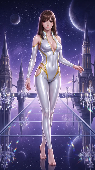 score_9, masterpiece, best quality, ultra-detailed, high-budget anime keyframe, semi-realistic 3D game render, editorial fashion photography, tasteful artistic composition, Korean woman. low angle full-body shot from head to toe showing her feet, fil