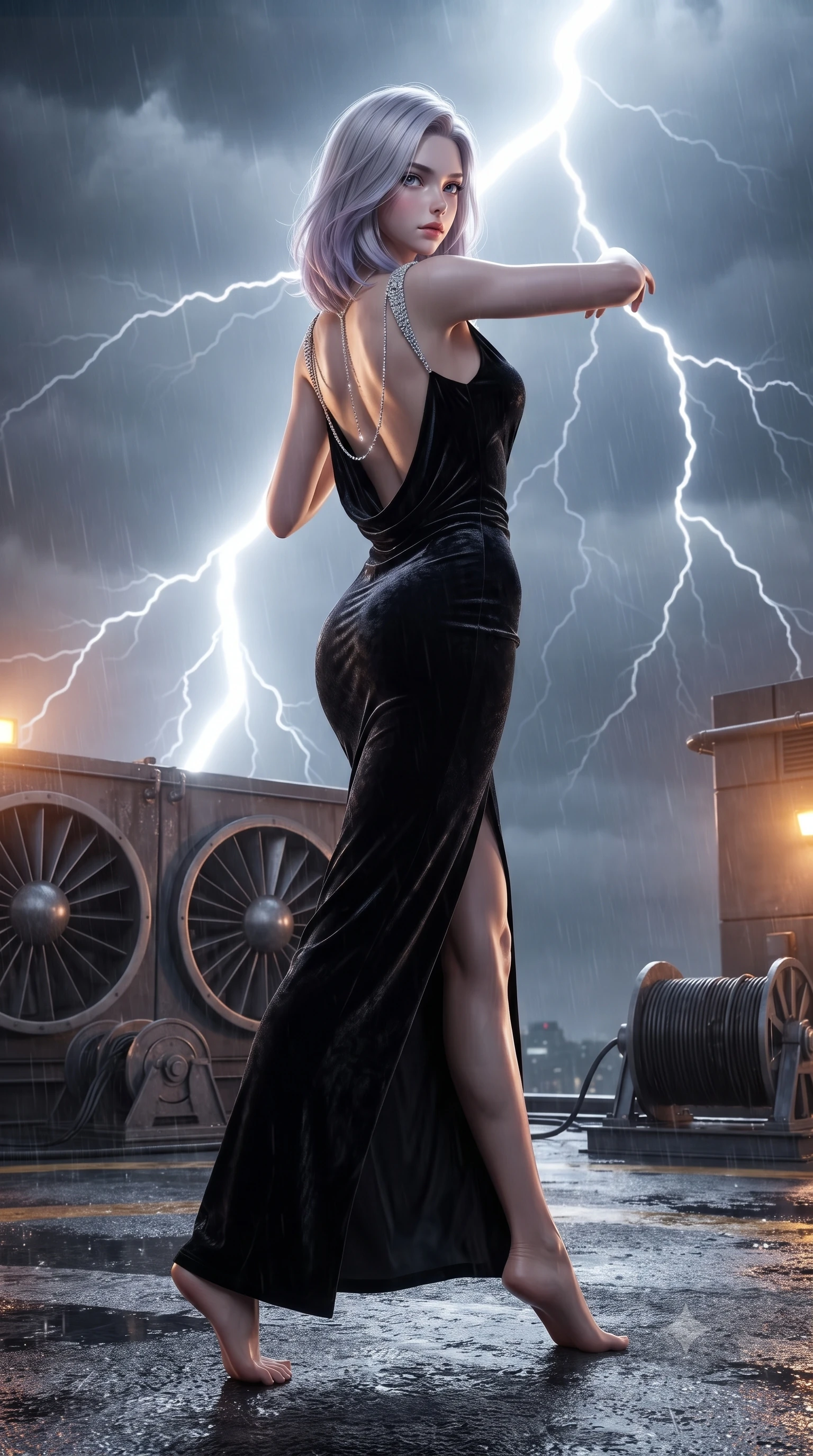 score_9, masterpiece, best quality, ultra-detailed, high-budget anime keyframe, editorial fashion photography, tasteful artistic composition, Caucasian woman. low angle full-body shot from head to toe showing her feet, filling the entire 9:16 vertical frame with her statuesque presence, stretching her vertical silhouette. pivoting dynamically with supreme athletic balance and poise, her impossibly long slender legs creating a breathtaking line while infiltrating a torrential midnight rooftop helipad 80 stories high as lightning flashes illuminate her wet tactical trench coat. The surrounding environment is rendered in vivid detail and crisp panoramic clarity. detailed turbine exhaust grilles, grappling cable spool mechanisms, and lightning strikes in high clarity. She has an absolutely perfect, statuesque 8.5-heads proportion, an exceptionally tall and slender model-like female figure with impossibly long slender legs, a toned flat midriff, and an ultra-slim waist. sharp v-shaped jawline, high-bridge nose, intricate jewel-like eyes with depth, thick eyelashes, glossy lips with a natural sheen, captivating and magnetic expression, flawlessly proportioned anatomical accuracy, strict slender model proportions, natural body alignment, perfectly sculpted long slender limbs, ultra-slim waistline, clean dynamic posture without body distortion. wearing an opulent backless black velvet evening gown with a plunging cowl back and diamond-encrusted shoulder straps in midnight black and liquid gold, crafted from heavyweight crushed silk velvet with liquid luster, accented with a glittering diamond back chain tracing her bare spine edition #26, the liquid-tight tailored fabric emphasizing every curve of her tall, slender model proportions and sculptured silhouette during dynamic movement. bathed in blinding white storm lightning flash backlighting and warm amber perimeter beacon fill. ultra-reflective glossy finish, specular highlights, rich textural contrasts, high-contrast stereoscopic depth, volumetric dynamic lighting, 2k, ultra detail, master piece, 9:16 ratio