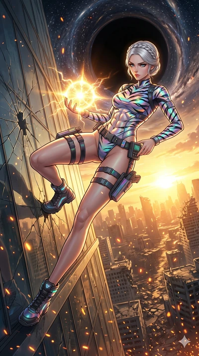score_9, masterpiece, best quality, ultra-detailed, Set A: High-budget Anime Keyframe, Caucasian (human ears) woman. Low angle cowboy shot filling the entire 9:16 frame with her statuesque presence. Theme: Urban Decay. sliding down a glass skyscraper