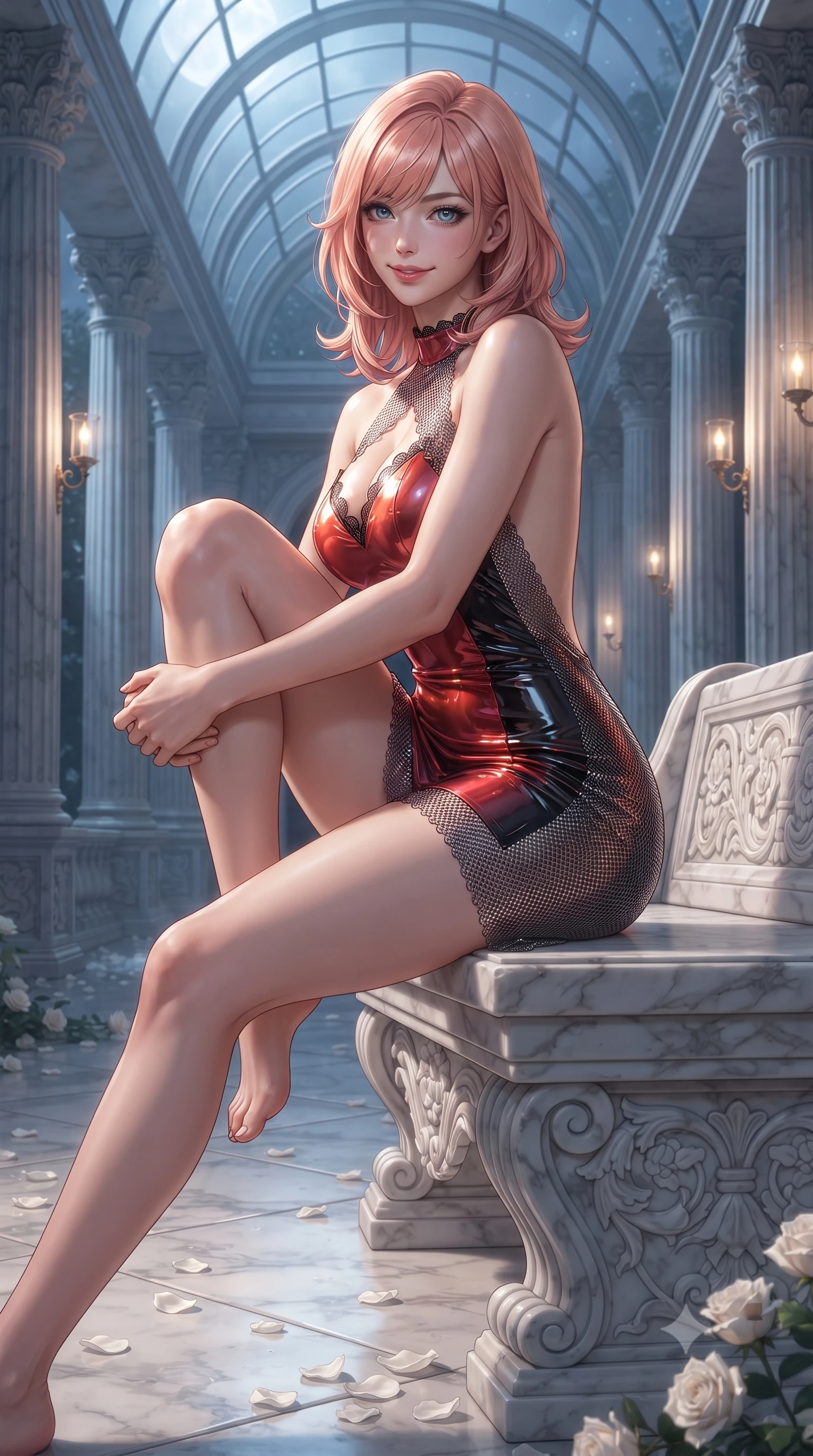 score_9, masterpiece, best quality, ultra-detailed, high-budget anime keyframe, editorial fashion photography, tasteful artistic composition, Japanese woman. close-up cowboy shot from the waist and thighs up, the character dominates the composition, filling the frame with her large presence. perched sideways on the lounge seat, one knee drawn up to showcase her slender leg line while her arched back accentuates her feminine hip curve while standing framed inside the monumental glass-arched colonnade of the Orangery, arching her lower back to emphasize her curvy hips as night breezes drift from the gardens. The surrounding environment is rendered in vivid detail and crisp panoramic clarity: sharp fluted limestone column texture, carved marble bench reliefs, and delicate white rose petals in deep focus. She has an exceptionally elegant, slender, and willowy female figure with an ultra-slim waist, flat toned midriff, narrow ribcage, and sculpted feminine hips creating an alluring, slim hourglass silhouette without bulk. sharp v-shaped jawline, high-bridge nose, sparkling eyes with hypnotic seductive depth, thick curled eyelashes, glossy parted lips with a natural dewy peach sheen, alluring bedroom-eyes with an enchanting coquettish smile, exuding magnetic siren charisma and sophisticated glamour, flawlessly proportioned anatomical accuracy, strict slender model proportions, natural body alignment, perfectly sculpted long slender limbs, ultra-slim waistline, clean dynamic posture without body distortion. wearing a backless halterneck column mini dress in shimmering liquid vinyl clinging like a second skin in Pudong electric vermilion and obsidian lacquer, crafted from shimmering fluid chainmail mesh reflecting ambient lights, finished with scalloped eyelash lace trim framing her sweetheart neckline with intimate elegance, the second-skin tailored fabric adhering flawlessly to her sculpted flat midriff and slender torso, emphasizing her long leg lines and perfectly proportioned willowy build. bathed in cool silver full moonlight pouring through soaring glass arches mixed with warm 2700K interior wall sconce glow. ultra-reflective glossy finish, specular highlights, rich textural contrasts, high-contrast stereoscopic depth, volumetric dynamic lighting, 2k, ultra detail, master piece, 9:16 ratio