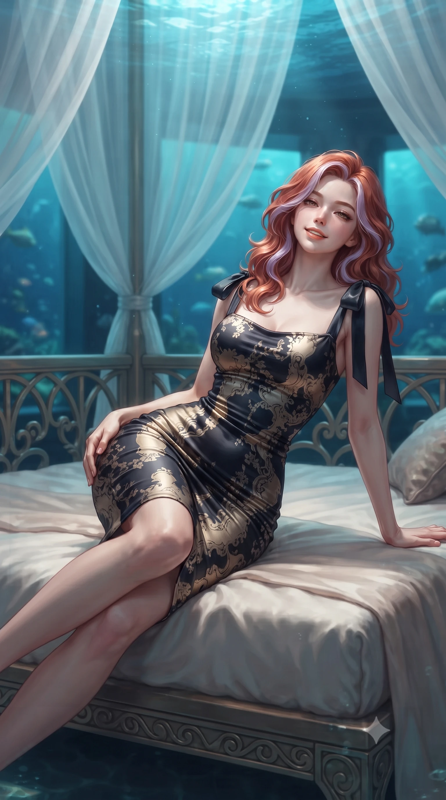 score_9, masterpiece, best quality, ultra-detailed, high-budget anime keyframe, editorial fashion photography, tasteful artistic composition, Caucasian woman. close-up cowboy shot from the waist and thighs up, the character dominates the composition, filling the frame with her large presence. leaning back against the balustrade with relaxed seductive grace, head tilted back slightly while casting a hypnotic, heavy-lidded gaze while reclining gracefully across the king-size daybed propped on one elbow with legs extended, displaying her long slender limbs and statuesque hourglass silhouette in the deep. The background shows a soft-focus flowing sheer gauze canopy drapes softened in ultra-exclusive underwater suite shallow focus. She has an exceptionally elegant, slender, and willowy female figure with an ultra-slim waist, flat toned midriff, narrow ribcage, and sculpted feminine hips creating an alluring, slim hourglass silhouette without bulk. sharp v-shaped jawline, high-bridge nose, intricate jewel-like sparkling eyes with depth, thick eyelashes, glossy parted lips with a natural peach sheen, bright cheerful beaming smile with an enchanting and coquettish sensual glint, exuding both youthful cute charm and seductive allure, flawlessly proportioned anatomical accuracy, strict slender model proportions, natural body alignment, perfectly sculpted long slender limbs, ultra-slim waistline, clean dynamic posture without body distortion. wearing a form-fitting Bohemian liquid silk jersey cocktail dress clinging smoothly to her narrow waist and rounded hips in deep midnight obsidian black and champagne gold, crafted from bespoke double-faced cashmere with an exceptionally soft tactile finish, finished with satin ribbon ties at the shoulders fluttering in the gentle breeze, the form-contouring silhouette accentuating her sculpted flat midriff, narrow delicate ribcage, and gracefully curvy hips with intoxicating allure. illuminated by water caustics bounce and sharp platinum-cyan rim lights sculpting her jawline, narrow waist, and curvy hips. ultra-reflective glossy finish, specular highlights, rich textural contrasts, high-contrast stereoscopic depth, volumetric dynamic lighting, 2k, ultra detail, master piece, 9:16 ratio
