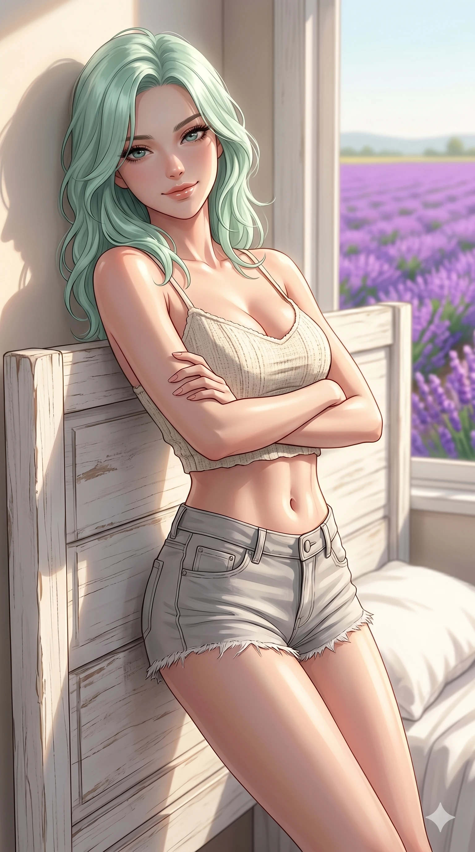 score_9, masterpiece, best quality, ultra-detailed, high-budget anime keyframe, editorial fashion photography, tasteful artistic composition, Japanese woman. cowboy shot from the thighs up, character and outfit filling the frame for maximum editorial presence. crossing her arms and leaning back, casting a cool, bedroom-eyes smile at the camera inside a private sunlit bedroom overlooking a field of purple lavender (Code-P18-109). She has an absolutely perfect 8-heads proportion, an exceptionally tall and slender female figure with impossibly long slender legs and an ultra-slim waist. V-shaped jawline, high-bridge nose, intricate jewel-like eyes with depth, thick eyelashes, glossy lips with a natural sheen. wearing a crop top showing her bare midriff and micro-shorts. drenched in soft morning sunshine, tracing her bare shoulders and clavicle lines. 2k, ultra detail, master piece, 9:16 ratio