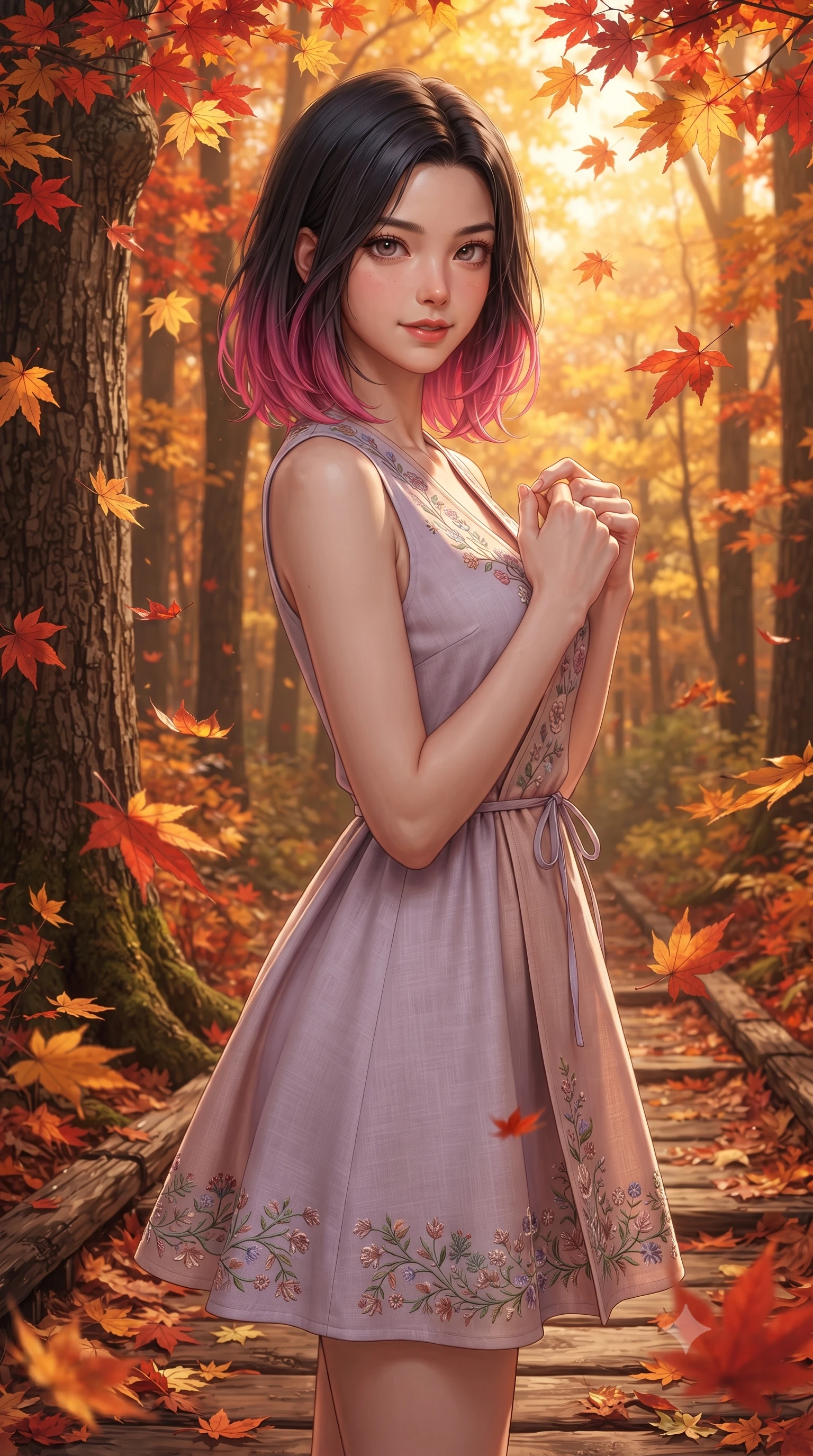 score_9, masterpiece, best quality, ultra-detailed, high-budget anime keyframe, editorial fashion photography, tasteful artistic composition, Korean woman. close-up cowboy shot from the waist and thighs up, the character dominates the composition, filling the frame with her large presence. holding her hands loosely near her heart with an enchanting, affectionate gaze looking directly into the lens while turning gracefully as falling scarlet and amber leaves swirl playfully around her tall, slender silhouette. The surrounding environment is rendered in vivid detail and crisp panoramic clarity. distinct maple leaf veins, textured tree bark, and fallen leaf-covered timber pathways in deep focus. She has an exceptionally elegant, slender, and willowy female figure with an ultra-slim waist, a gracefully sculpted slender torso, toned flat midriff, and a refined slim silhouette. sharp v-shaped jawline, high-bridge nose, intricate jewel-like eyes with depth, thick eyelashes, glossy lips with a natural sheen, pure and lovely fresh girlhood expression, flawlessly proportioned anatomical accuracy, strict slender model proportions, natural body alignment, perfectly sculpted long slender limbs, ultra-slim waistline, clean dynamic posture without body distortion. wearing a romantic wrap-style linen sundress with subtle botanical embroidery and a dainty waist tie in subtle lilac violet and soft rose gold, tailored from crisp organic cotton poplin, complemented by subtle floral embroidery along the neckline and hem, the tailored casual silhouette highlighting her fresh and youthful presence and perfectly proportioned slender frame. bathed in warm amber afternoon autumn sunlight filtering through glowing red and gold canopies. ultra-reflective glossy finish, specular highlights, rich natural textures, high-contrast stereoscopic depth, volumetric dynamic lighting, 2k, ultra detail, master piece, 9:16 ratio