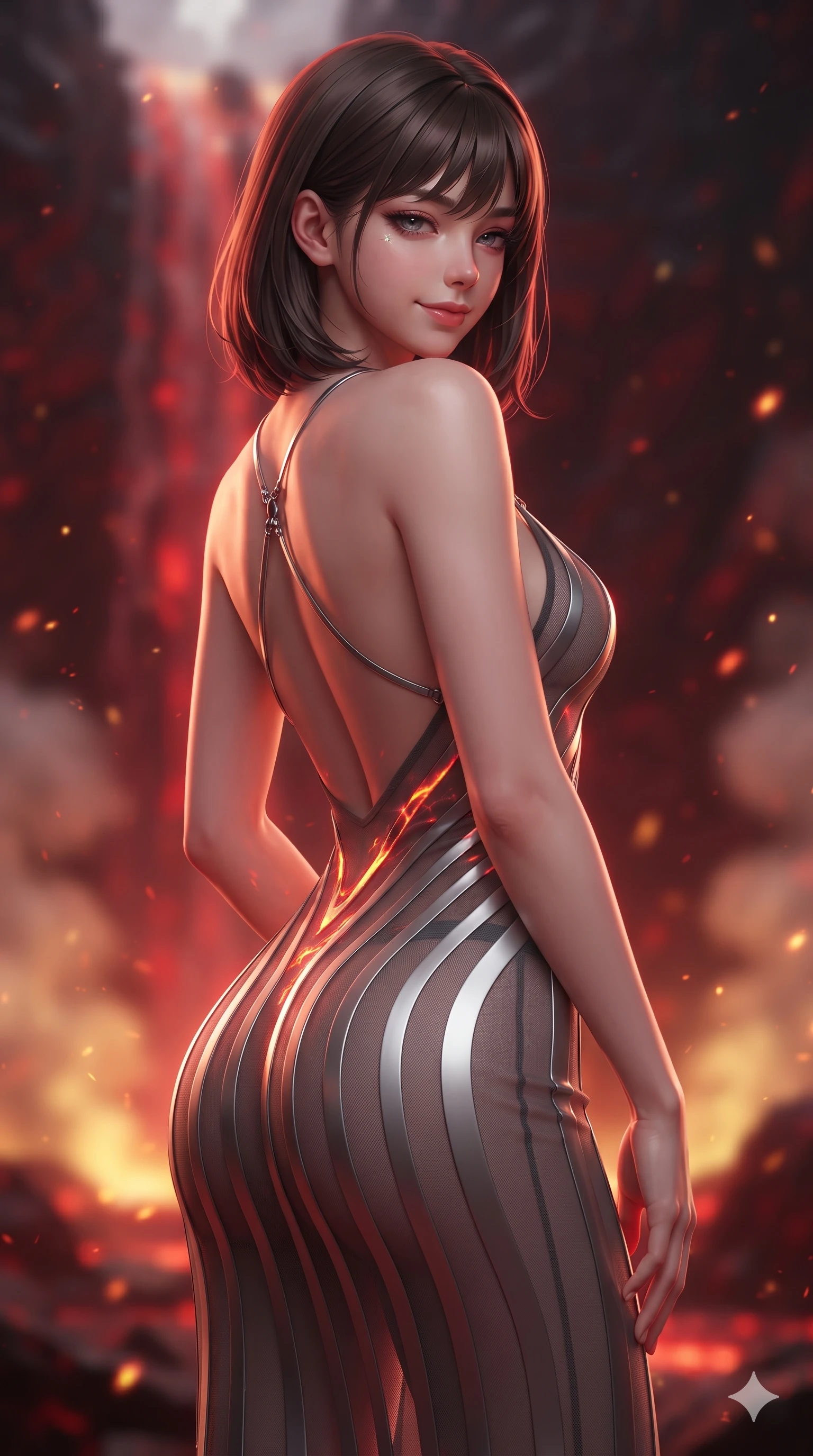 score_9, masterpiece, best quality, ultra-detailed, high-budget anime keyframe, editorial fashion photography, tasteful artistic composition, Korean woman. close-up cowboy shot from the waist and thighs up, the character dominates the composition, filling the frame with her large presence. posing in an alluring rear three-quarter angle, looking over a bare shoulder with heavy-lidded sparkling eyes, her hips cocked back to highlight her slim hourglass curve while twisting her slender torso in an alluring contrapposto, fiery magma reflections painting glowing crimson and gold lines along her narrow waist and hips. The background shows a soft-focus cascading subterranean magma waterfalls, rising sulfur steam plumes, and glowing ember motes blurred into crimson, vermilion, and gold bokeh. She has an exceptionally elegant, slender, and willowy female figure with an ultra-slim waist, flat toned midriff, narrow ribcage, and sculpted feminine hips creating an alluring, slim hourglass silhouette without bulk. sharp v-shaped jawline, high-bridge nose, intricate jewel-like sparkling eyes with depth, thick eyelashes, glossy parted lips with a natural sheen, bright confident smile with an enchanting and coquettish sensual glint, exuding both youthful magnetic charm and sovereign high-tech allure, flawlessly proportioned anatomical accuracy, strict slender model proportions, natural body alignment, perfectly sculpted long slender limbs, ultra-slim waistline, clean dynamic posture without body distortion. wearing a plunge-front sheer illusion technical mesh slip dress with liquid platinum ribbon stripes hugging her curves in reflective liquid mercury and matte phantom grey, tailored from brushed aeronautical titanium alloy with matte satin sheen, accented with a chrome-drop body harness subtly framing her dewy collarbones and spine, the glove-like clinging cut tightly following the natural contour of her hips and long slender legs with youthful 8.5-heads elegance. illuminated by magma surface bounce and sharp crimson-gold rim lights defining her razor-sharp jawline, narrow waist, and curvy hips. ultra-reflective glossy finish, specular highlights, rich textural contrasts, high-contrast stereoscopic depth, volumetric dynamic lighting, 2k, ultra detail, master piece, 9:16 ratio