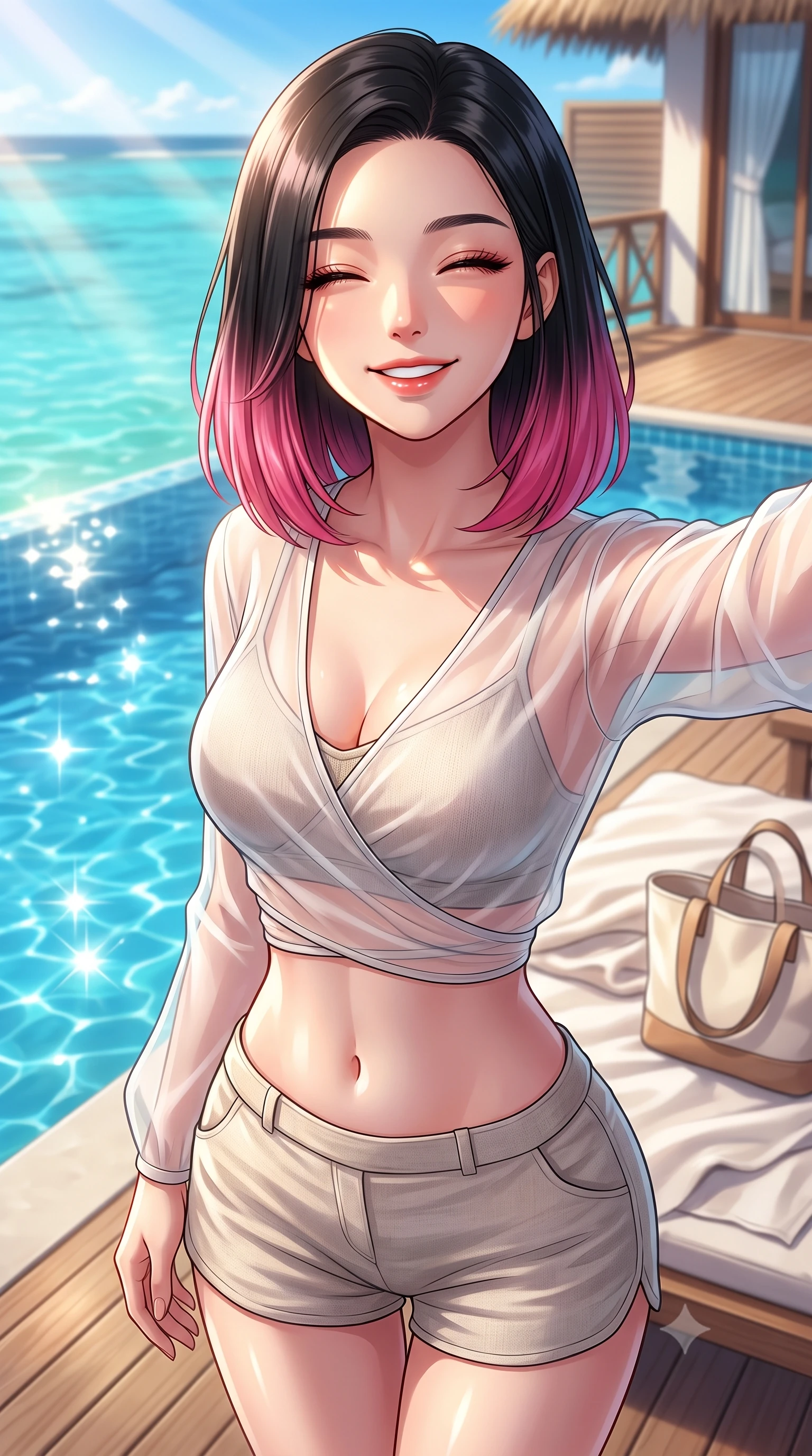 score_9, masterpiece, best quality, ultra-detailed, high-budget anime keyframe, editorial fashion photography, tasteful artistic composition, Korean woman. close-up cowboy shot from the waist and thighs up, the character dominates the composition, filling the frame with her large presence, background elements kept in soft focus. smiling happily with closed eyes, enjoying the warm sunbeams on her face set against a soft-focus background of on a private wooden deck of a luxury resort villa overlooking a turquoise lagoon with a soft linen beach towel and a cute canvas tote bag nearby. She has an exceptionally elegant, slender, and willowy female figure with an ultra-slim waist, a gracefully sculpted slender torso, and a refined silhouette. sharp v-shaped jawline, high-bridge nose, intricate jewel-like eyes with depth, thick eyelashes, glossy lips with a natural sheen. wearing form-contouring sheer organza wrap top over a slim-fit knit bralette and low-cut linen shorts. fresh morning sun rays creating sparkling glints on the blue pool water. highly saturated vibrant anime colors, detailed shading with soft gradients, rich glossy textures, high-contrast stereoscopic depth, volumetric dynamic lighting, master piece, 9:16 ratio