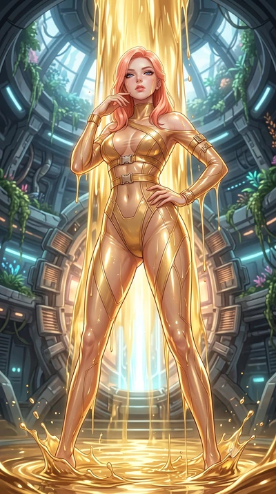 score_9, masterpiece, best quality, ultra-detailed, High-budget Anime Keyframe, East Asian woman. Low angle cowboy shot filling the entire 9:16 frame with her statuesque presence. Scenario 344: standing under a waterfall of liquid gold, the fluid coa