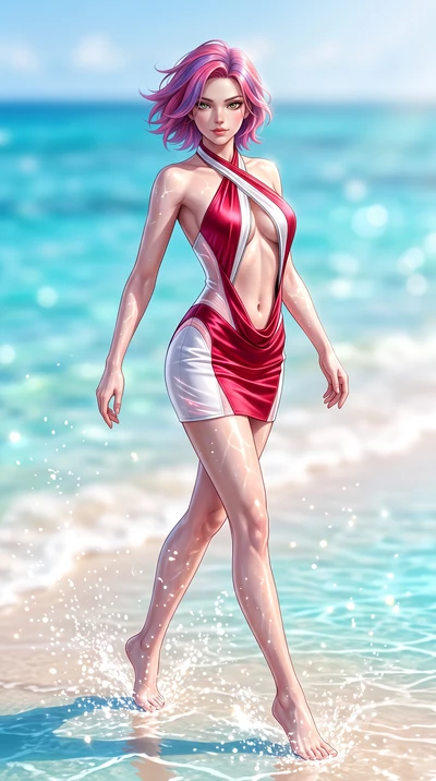 score_9, masterpiece, best quality, ultra-detailed, high-budget anime keyframe, semi-realistic 3D game render, editorial fashion photography, tasteful artistic composition, Caucasian woman. low angle full-body shot from head to toe showing her feet, 