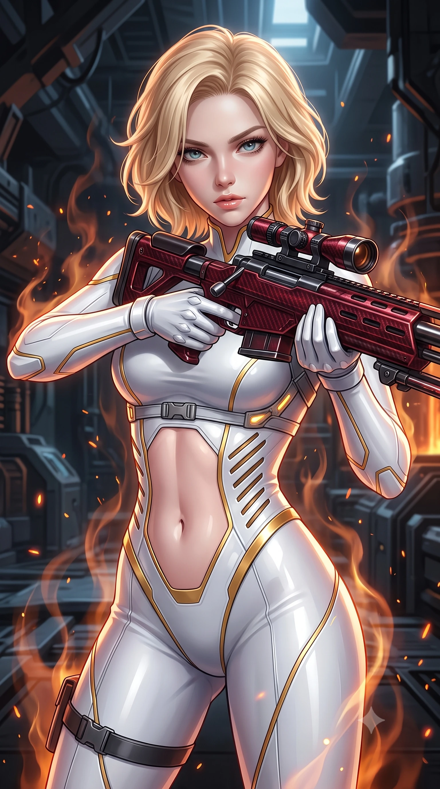 score_9, masterpiece, best quality, ultra-detailed, high-budget anime keyframe, semi-realistic 3D game render, editorial fashion photography, tasteful artistic composition, Caucasian woman. close-up cowboy shot from the waist and thighs up, the character dominates the composition, filling the frame with her large presence. looking into the camera lens with intense, captivating depth, softly parted glossy lips and thick eyelashes framing her fierce battle-ready gaze while arching her spine in a fluid stretch as rising heat waves and orange embers swirl around her sculpted silhouette. The surrounding environment is rendered in vivid detail and crisp panoramic clarity. intense geothermal chiaroscuro and raw high-tech forging architecture rendered with precision. She has an exceptionally elegant, slender, and willowy female figure with an ultra-slim waist, a gracefully sculpted slender torso, toned flat midriff, and a refined slim silhouette. sharp v-shaped jawline, high-bridge nose, intricate jewel-like eyes with depth, thick eyelashes, glossy lips with a natural sheen, flawlessly proportioned anatomical accuracy, strict slender model proportions, natural body alignment, perfectly sculpted long slender limbs, ultra-slim waistline, clean dynamic posture without body distortion. wearing a form-contouring arctic white carbon-composite battle-suit with solar gold trim and diagonal midriff vents, aiming a precision carbon-fiber railgun sniper rifle with divine focus in deep crimson carbon weave with specular dark chrome accents, crafted from semi-translucent cybernetic carbon-vinyl interwoven with glowing micro-filaments, reinforced by a sleek titanium tactical harness and glowing micro-energy straps, the form-contouring material adhering flawlessly to her sculpted flat midriff and slender torso, emphasizing her long leg lines and perfectly proportioned willowy build. illuminated by crisp specular highlights tracing her ultra-slim waist, long legs, and flat midriff. rich saturated anime colors with glowing neon highlights, detailed shading with soft gradients, rich glossy textures, high-contrast stereoscopic depth, volumetric dynamic lighting, master piece, 9:16 ratio