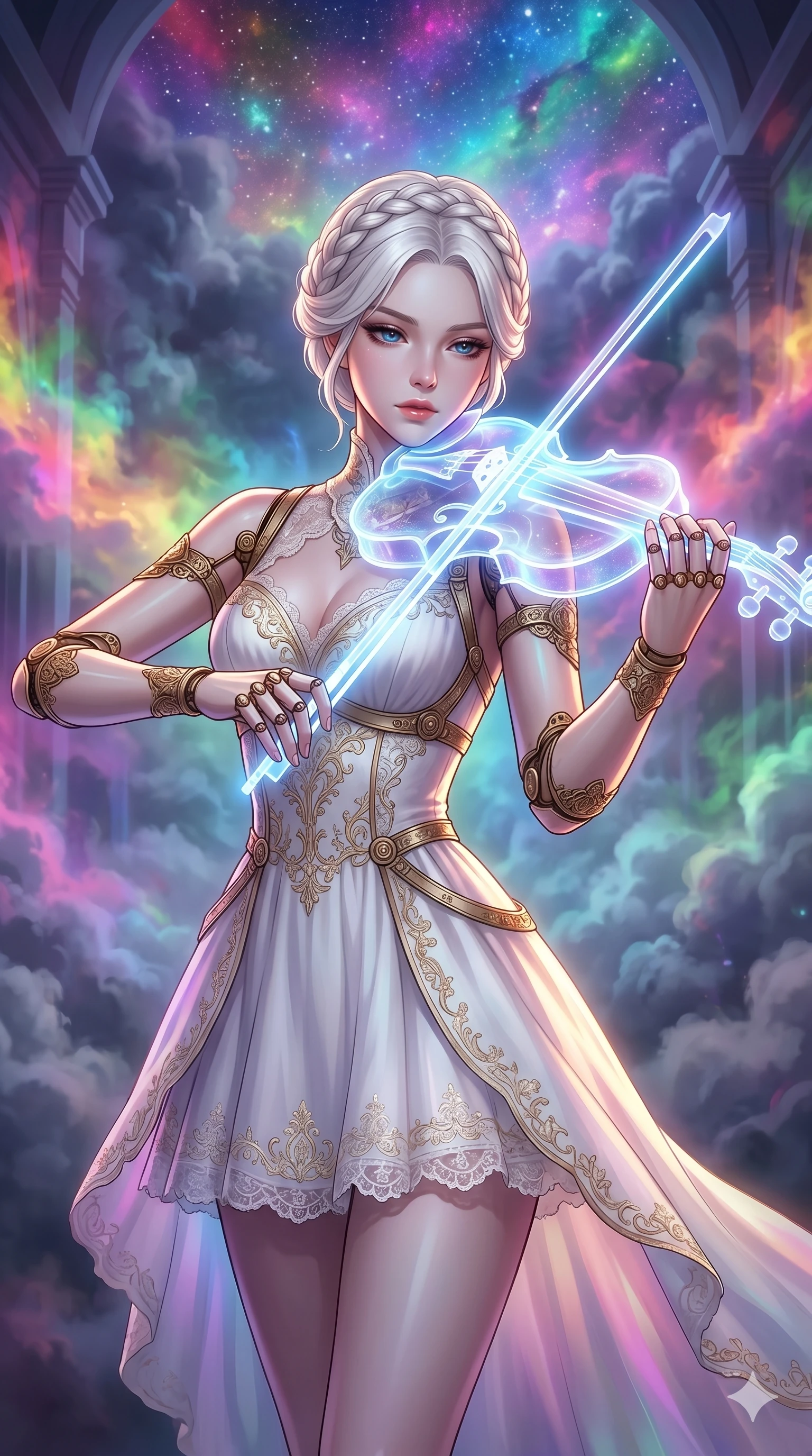 score_9, masterpiece, best quality, ultra-detailed, Set A: High-budget Anime Keyframe, Korean woman. Upper body close-up from the thighs up, character filling the screen for maximum presence. Theme: Ethereal Dream. playing a holographic violin in a temple made of solid light, with a look of serene power as the sky splits into 98 colors. The atmosphere is filled with heavy smog with neon flares. She has an absolutely perfect 8-heads proportion, an exceptionally tall and slender female figure with impossibly long slender legs and an ultra-slim waist. Sharp v-shaped jawline, high-bridge nose, intricate jewel-like eyes with depth, glossy lips. Wearing Mechanical doll outfit with visible brass joints and a delicate porcelain-white dress. Cinematic lighting, vivid colors, dramatic shadows, 2k, ultra detail, master piece, 9:16 ratio