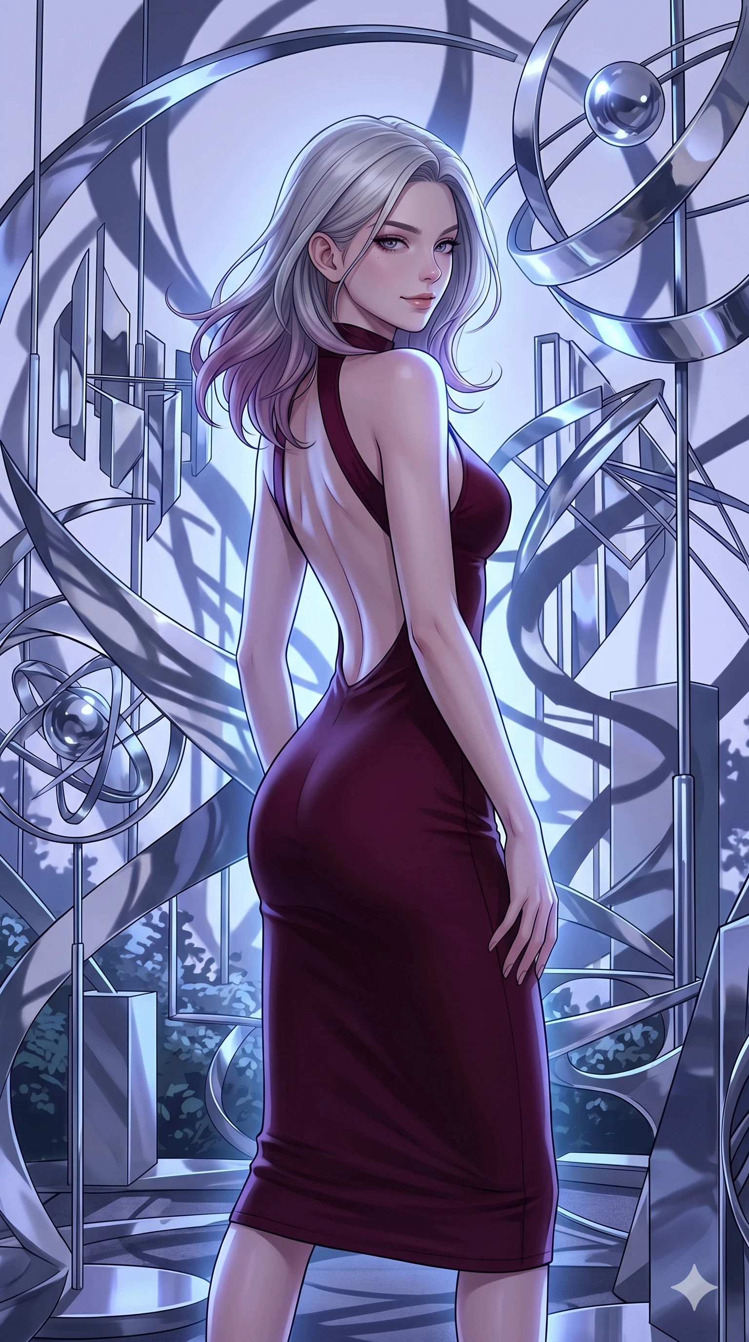 score_9, masterpiece, best quality, ultra-detailed, high-budget anime keyframe, editorial fashion photography, tasteful artistic composition, Caucasian woman, strictly human ears. cowboy shot from the thighs up, character and outfit filling the frame for maximum editorial presence. Glancing sidelong over her shoulder with a smoldering half-smile inside a kinetic sculpture garden of enormous chrome mobiles casting long sweeping shadows. She has an absolutely perfect 8-heads proportion, an exceptionally tall and slender female figure with impossibly long slender legs and an ultra-slim waist. V-shaped jawline, high-bridge nose, intricate jewel-like eyes with depth, thick eyelashes, glossy lips with a natural sheen. wearing a deep burgundy bodycon midi dress with a modest front neckline and a dramatically plunging open back held by a single elegant strap, the fitted fabric contouring every curve of her slender body. bathed in cool ethereal blue-violet bioluminescent glow that highlights her form from all sides. 2k, ultra detail, master piece, 9:16 ratio