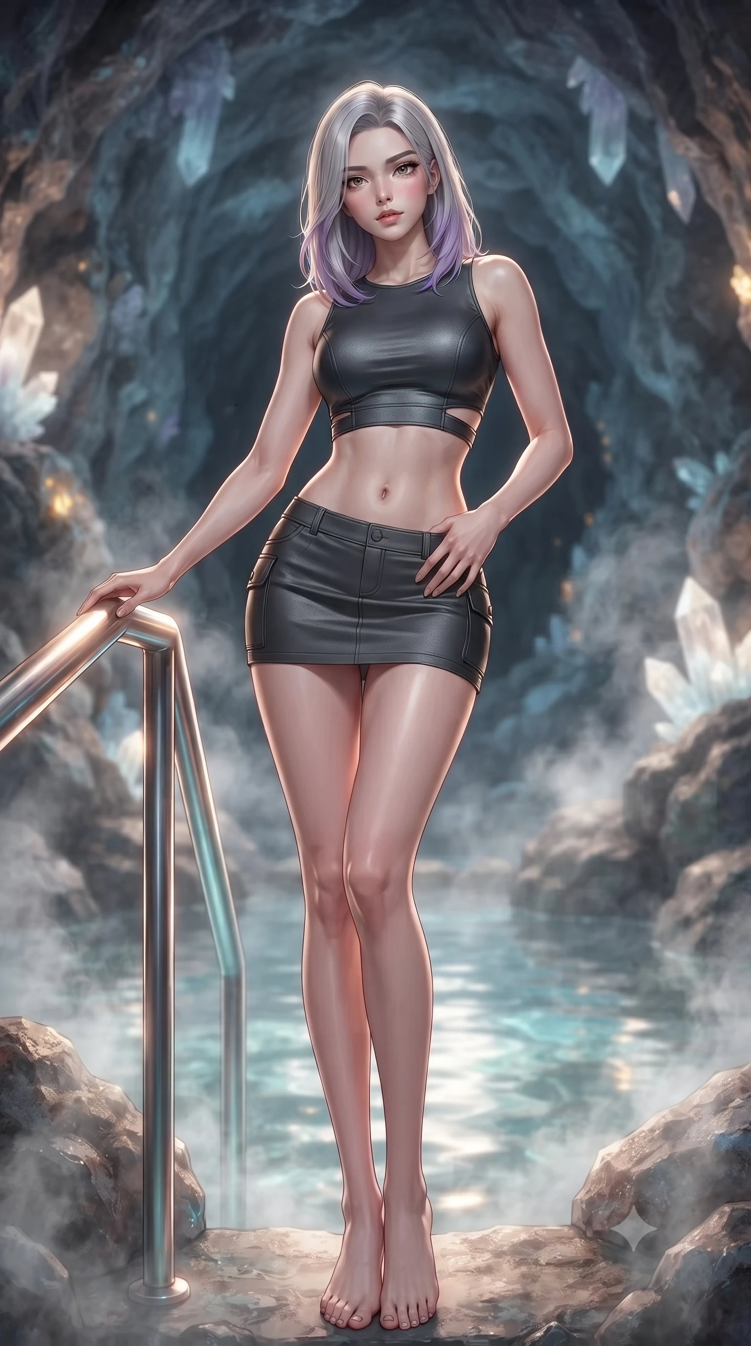 score_9, masterpiece, best quality, ultra-detailed, high-budget anime keyframe, editorial fashion photography, tasteful artistic composition, Caucasian woman. low angle full-body shot from head to toe showing her feet, filling the entire 9:16 vertical frame with her statuesque presence, stretching her vertical silhouette. standing in a tall, confident posture with one hand on a glowing metal railing, stretching her statuesque body, the background shows a soft-focus a mineral water pool inside a geode cave, with steam rising around rocks. She has an absolutely perfect, statuesque 8.5-heads proportion, an exceptionally tall and slender model-like female figure with impossibly long slender legs and an ultra-slim waist. sharp v-shaped jawline, high-bridge nose, intricate jewel-like eyes with depth, thick eyelashes, glossy lips with a natural sheen. wearing a body-hugging modern carbon-alloy crop top paired with a low-rise tactical skirt and a subtle waist cut-out. soft flickering light from glowing lichen reflecting off the water surface. ultra-reflective glossy finish, specular highlights, metallic sheen, high-contrast stereoscopic depth, volumetric dynamic lighting, 2k, ultra detail, master piece, 9:16 ratio