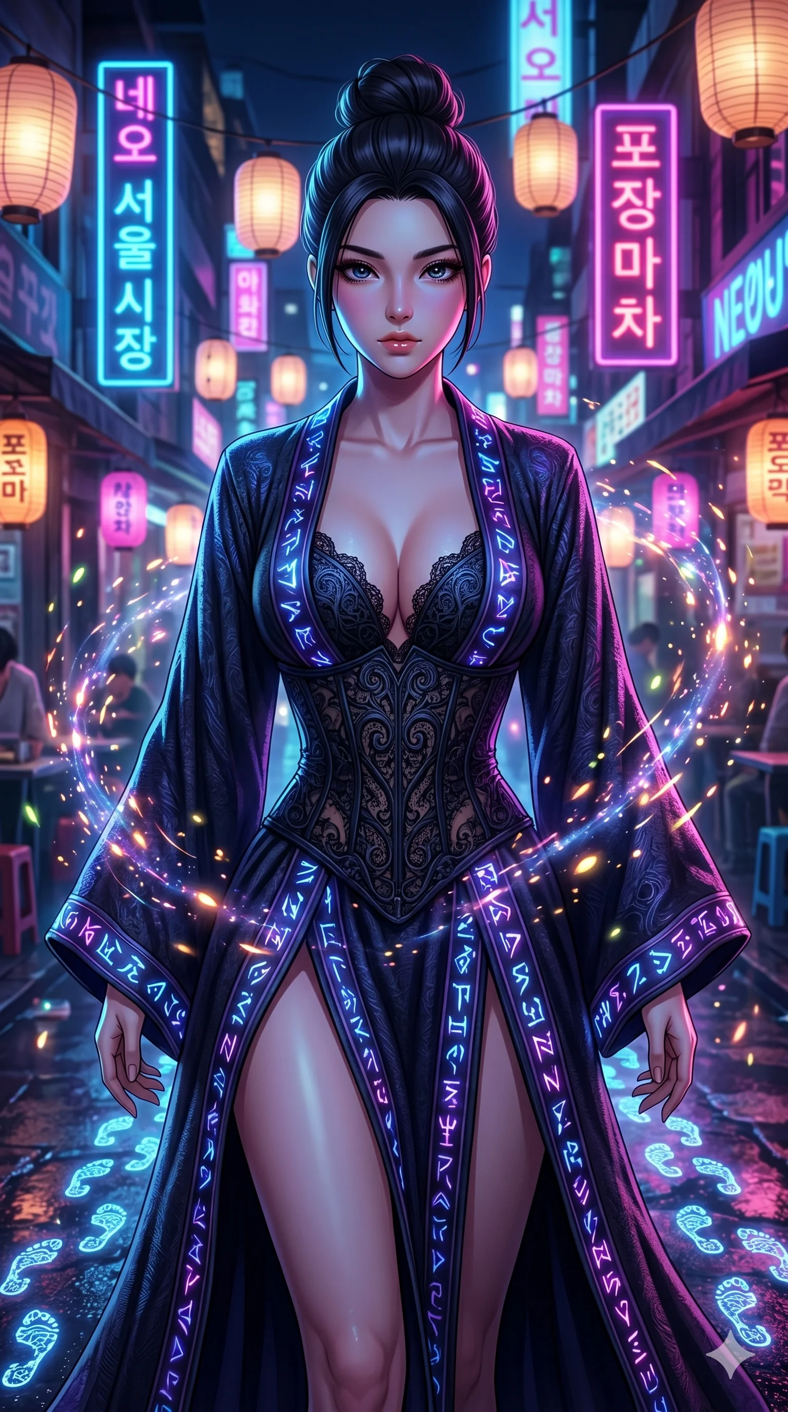 score_9, masterpiece, best quality, ultra-detailed, Set A: High-budget Anime Keyframe, Japanese woman. Upper body close-up from the thighs up, character filling the screen for maximum presence. Sliding through a neon-lit Neo-Seoul market, as she leaves a trail of 208 glowing footprints and surrounded by glowing energy sparks. She has an absolutely perfect 8-heads proportion, an exceptionally tall and slender female figure with impossibly long slender legs and an ultra-slim waist. Sharp v-shaped jawline, high-bridge nose, intricate jewel-like eyes with depth, thick eyelashes, glossy lips with a natural sheen. Wearing Dark sorceress robes with glowing runes and a deep-cut lace corset. Cinematic lighting, vibrant colors, dramatic shadows, 2k, ultra detail, master piece, 9:16 ratio