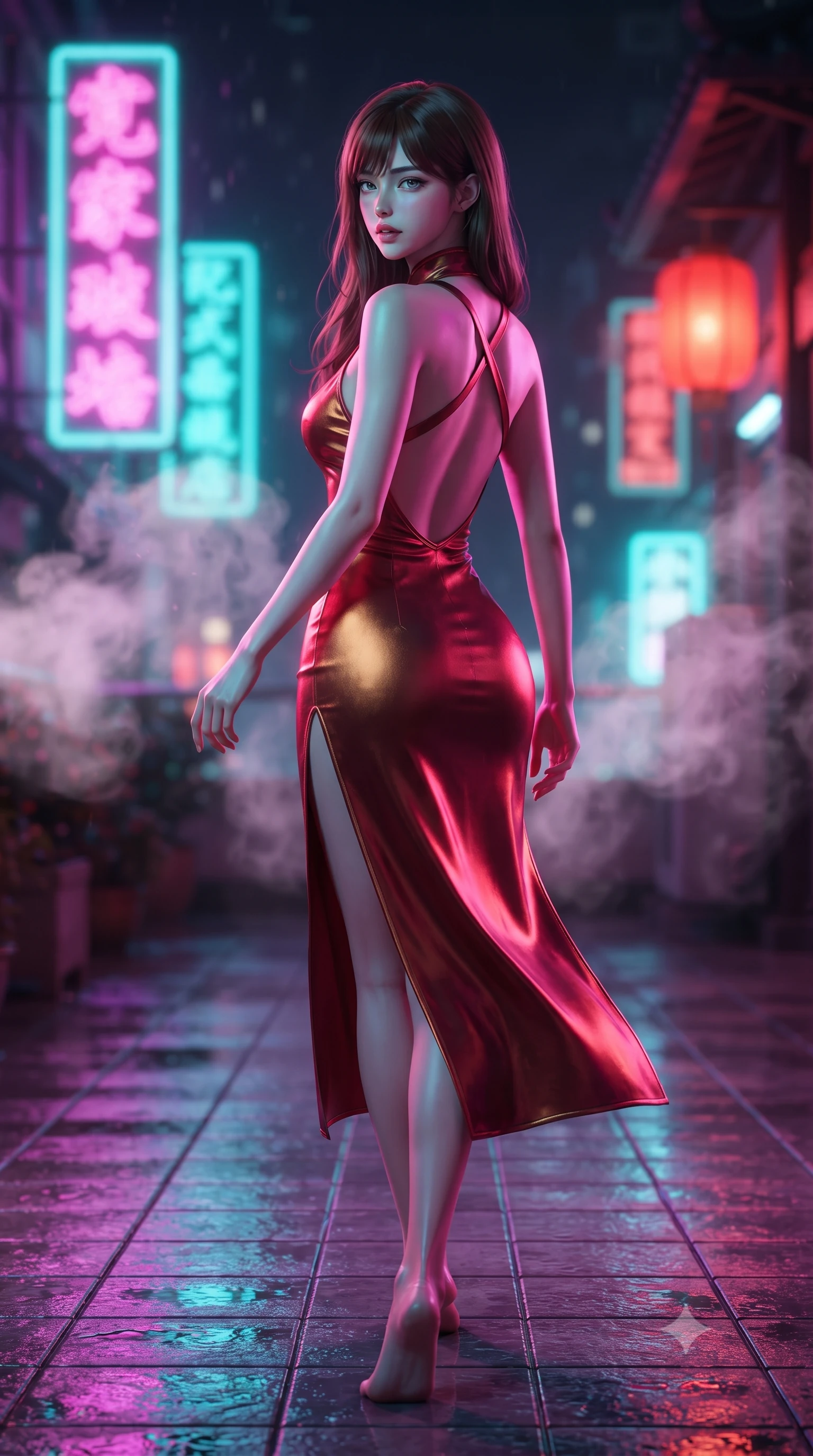 score_9, masterpiece, best quality, ultra-detailed, high-budget anime keyframe, editorial fashion photography, tasteful artistic composition, Korean woman. low angle full-body shot from head to toe showing her feet, filling the entire 9:16 vertical frame with her statuesque presence, stretching her vertical silhouette. striding forward in a proud supermodel runway stride, hips swaying in an alluring kinetic rhythm that accentuates her curvy hourglass silhouette while crouching low on the wet tiled rooftop terrace with back turned slightly to the lens, glancing back with smoldering bedroom-eyes and parted lips. The composition keeps background elements in soft focus with creamy bokeh. swirling tea steam vapors and glowing neon kanji signs blurred into electric magenta, turquoise, and lantern-scarlet bokeh. She has an absolutely perfect, statuesque 8.5-heads proportion, an exceptionally tall and slender model-like female figure with impossibly long slender legs, a toned flat midriff, an ultra-slim waist, and beautifully sculpted feminine hips. sharp v-shaped jawline, high-bridge nose, intricate jewel-like eyes with depth, thick eyelashes, glossy parted lips with a natural sheen, intensely captivating and seductive bedroom-eyes expression, flawlessly proportioned anatomical accuracy, strict slender model proportions, natural body alignment, perfectly sculpted long slender limbs, ultra-slim waistline, clean dynamic posture without body distortion. wearing a plunging sweetheart neckline cheongsam dress with an open scooped back and high side slit in rich crimson silk and liquid bronze, made of breathable technical athletic mesh and liquid-finish track nylon, finished with criss-cross back harness straps framing her bare spine, the second-skin form-contouring cut accentuating her sculpted flat midriff, narrow waistline, and dramatically curvy hips without adding bulk. bathed in vibrant magenta and electric cyan neon light contrasting with warm lantern scarlet downlights. ultra-reflective glossy finish, specular highlights, rich textural contrasts, high-contrast stereoscopic depth, volumetric dynamic lighting, 2k, ultra detail, master piece, 9:16 ratio