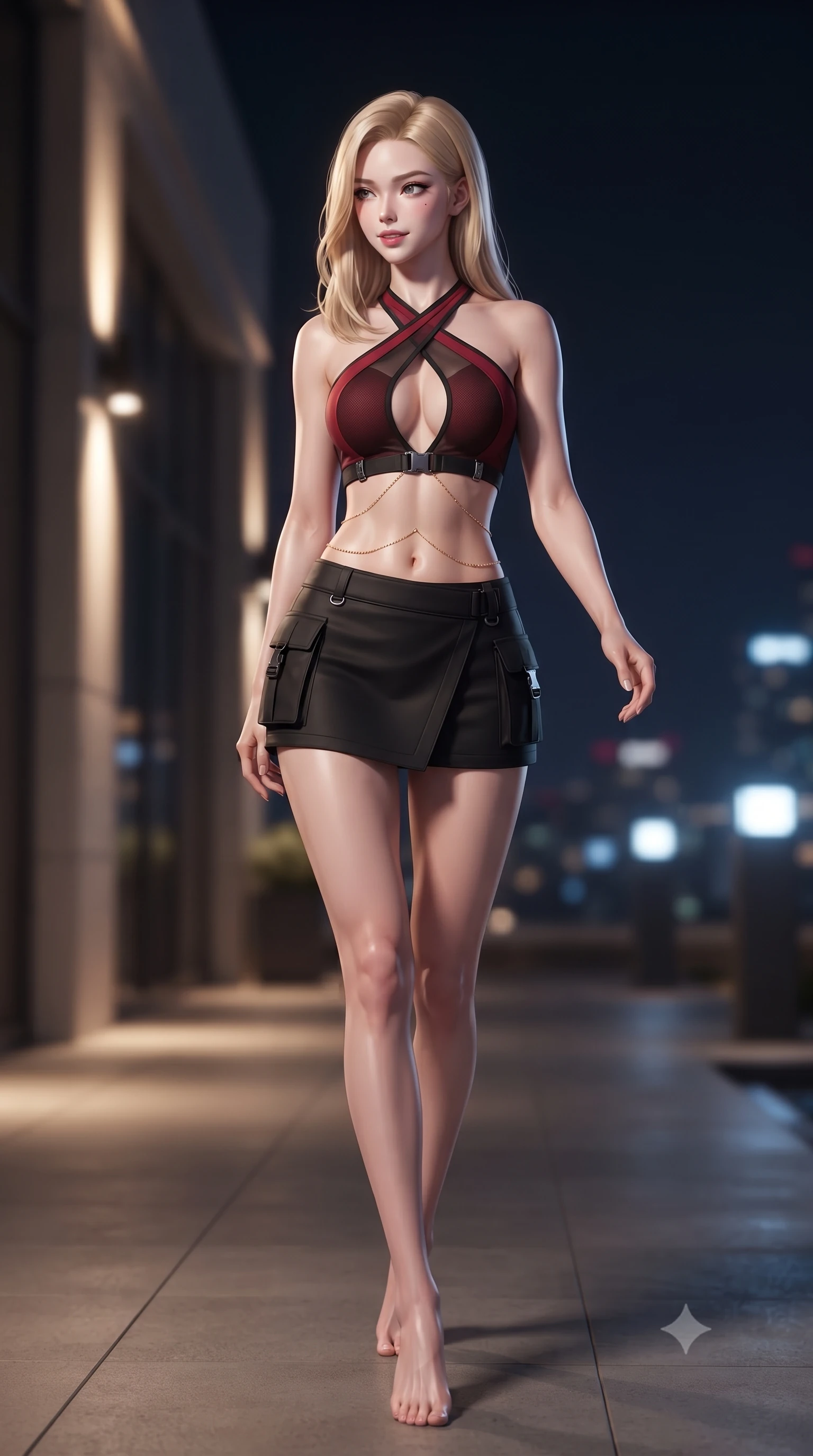score_9, masterpiece, best quality, ultra-detailed, high-budget anime keyframe, editorial fashion photography, tasteful artistic composition, Korean woman. low angle full-body shot from head to toe showing her feet, filling the entire 9:16 vertical frame with her statuesque presence, stretching her vertical silhouette. walking along the terrace with poise, looking back over her bare shoulder with an irresistible smoldering bedroom-gaze while twisting her slender torso in an alluring contrapposto stance, night city lights reflecting off her form-fitting outfit and curvy hips. The background shows a soft-focus laser security sensor housings softened in luxury high-rise shallow focus. She has an absolutely perfect, statuesque 8.5-heads proportion, an exceptionally tall and slender model-like female figure with impossibly long slender legs, an ultra-slim waist, a flat toned midriff, narrow delicate ribcage, and beautifully sculpted feminine hips creating a graceful, slim hourglass silhouette without any bulky heaviness. sharp v-shaped jawline, high-bridge nose, sparkling eyes with hypnotic seductive depth, thick curled eyelashes, glossy parted lips with a natural dewy peach sheen, alluring bedroom-eyes with an enchanting coquettish smile, exuding magnetic siren charisma and sophisticated glamour, flawlessly proportioned anatomical accuracy, strict slender model proportions, natural body alignment, perfectly sculpted long slender limbs, ultra-slim waistline, clean dynamic posture without body distortion. wearing a high-waisted tactical wrap mini skirt with dual utility pockets paired with a plunging criss-cross halter sports top in matte obsidian black and tactical crimson red with gunmetal hardware, made of semi-opaque stretch illusion mesh with soft shadowy contours, accented with a dainty gold belly chain resting across her flat midriff and curving hips, the form-contouring silhouette accentuating her sculpted flat midriff, narrow delicate ribcage, and gracefully curvy hips with intoxicating allure. bathed in warm architectural uplighting from the luxury penthouse terrace mixed with cool city night ambient fill. ultra-reflective glossy finish, specular highlights, rich textural contrasts, high-contrast stereoscopic depth, volumetric dynamic lighting, 2k, ultra detail, master piece, 9:16 ratio